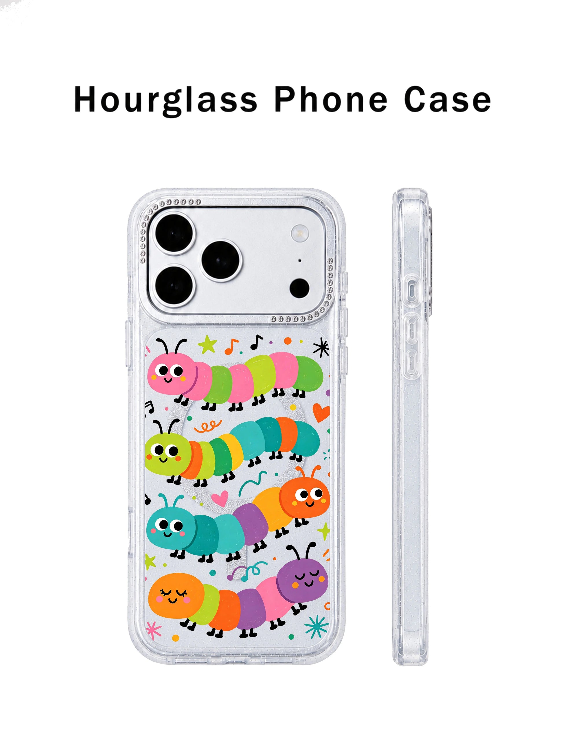 PhoneCasing rhinestone raised camera trim detail on Wink Caterpillar Band iPhone 17 Pro Max casing, premium shockproof artist designed case for women’s daily iPhone 17 Pro Max use