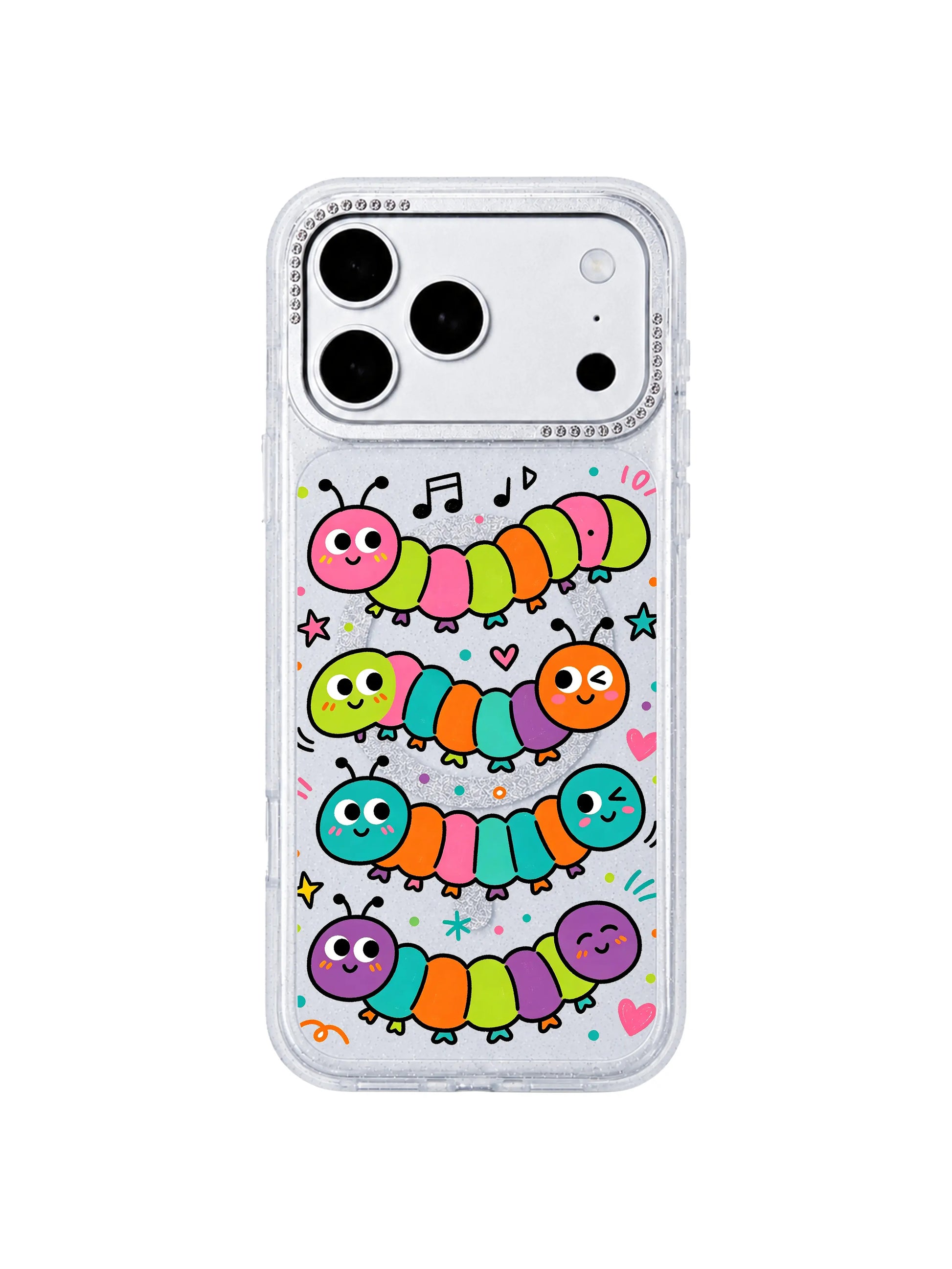 PhoneCasing full pattern front page display of Wink Caterpillar Band iPhone 17 Pro Max casing, complete archival wearable art print featuring playful winking bug characters
