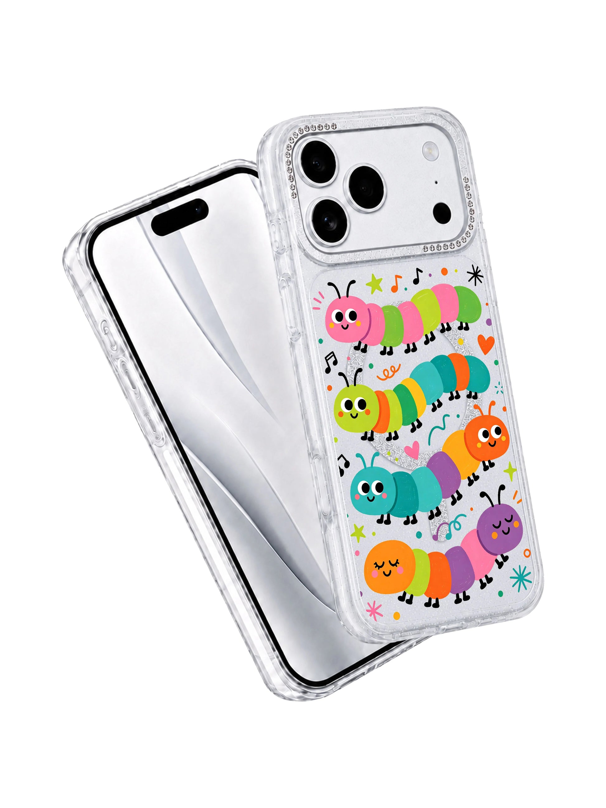 PhoneCasing full design macro closeup of Wink Caterpillar Band iPhone 17 Pro Max case, archival printed wearable art casing featuring playful musical bug characters for iPhone 17 Pro Max