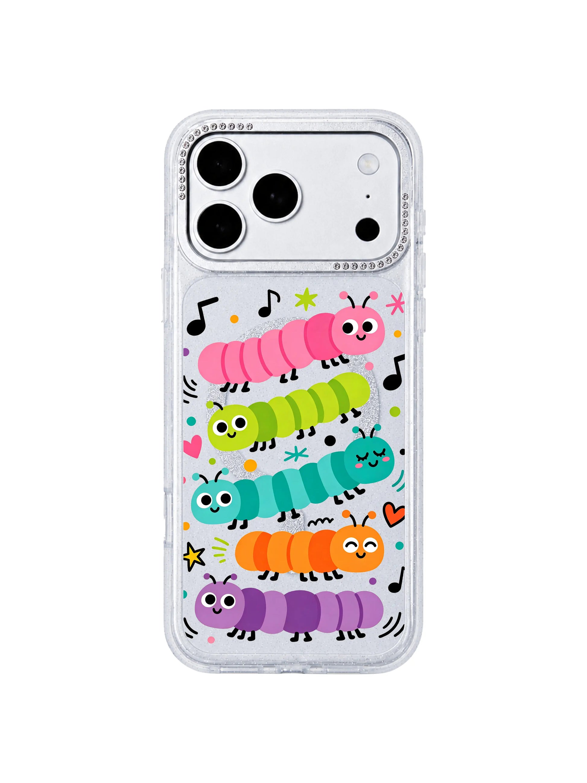 PhoneCasing indoor desk lifestyle frontpage shot Wink Caterpillar Band iPhone 17 Pro Max case, soft uplifting musical doodle casing for women’s daily device styling
