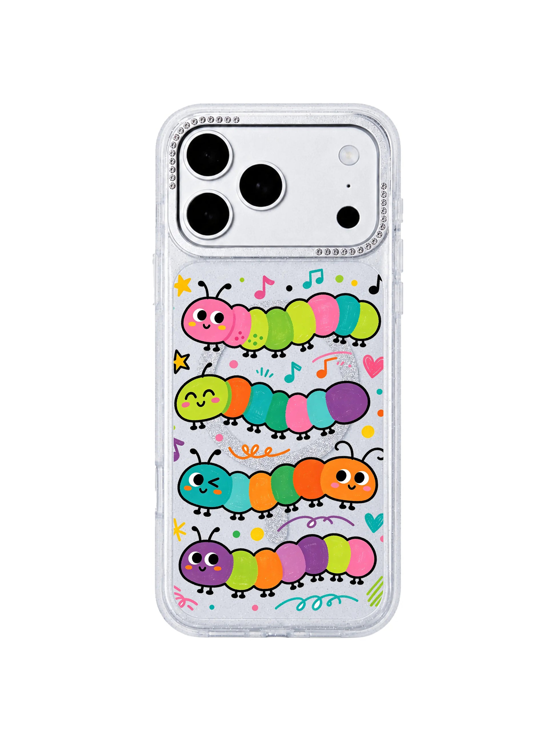 PhoneCasing indoor handheld lifestyle photo Wink Caterpillar Band iPhone 17 Pro Max case, uplifting whimsical doodle casing to brighten everyday iPhone 17 Pro Max styling