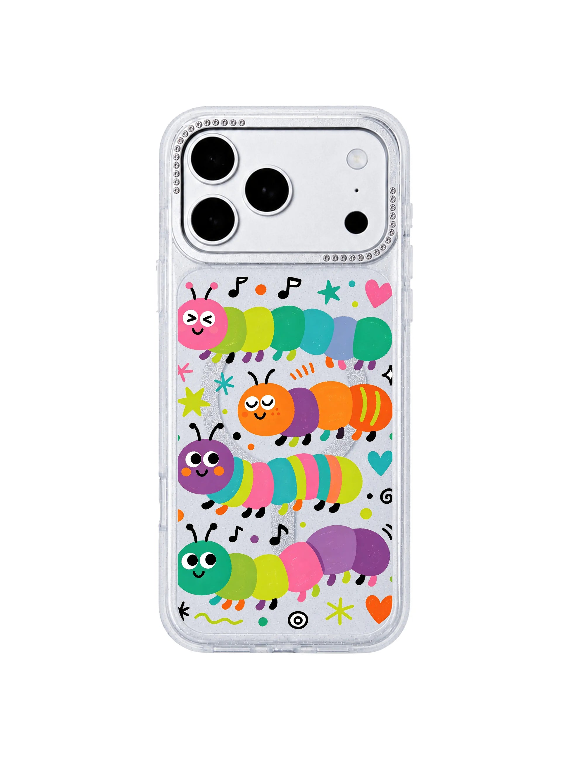 PhoneCasing MagSafe compatible frontpage feature shot Wink Caterpillar Band iPhone 17 Pro Max casing, glitter clear custom phone case with exclusive Milo Popkins caterpillar band illustration
