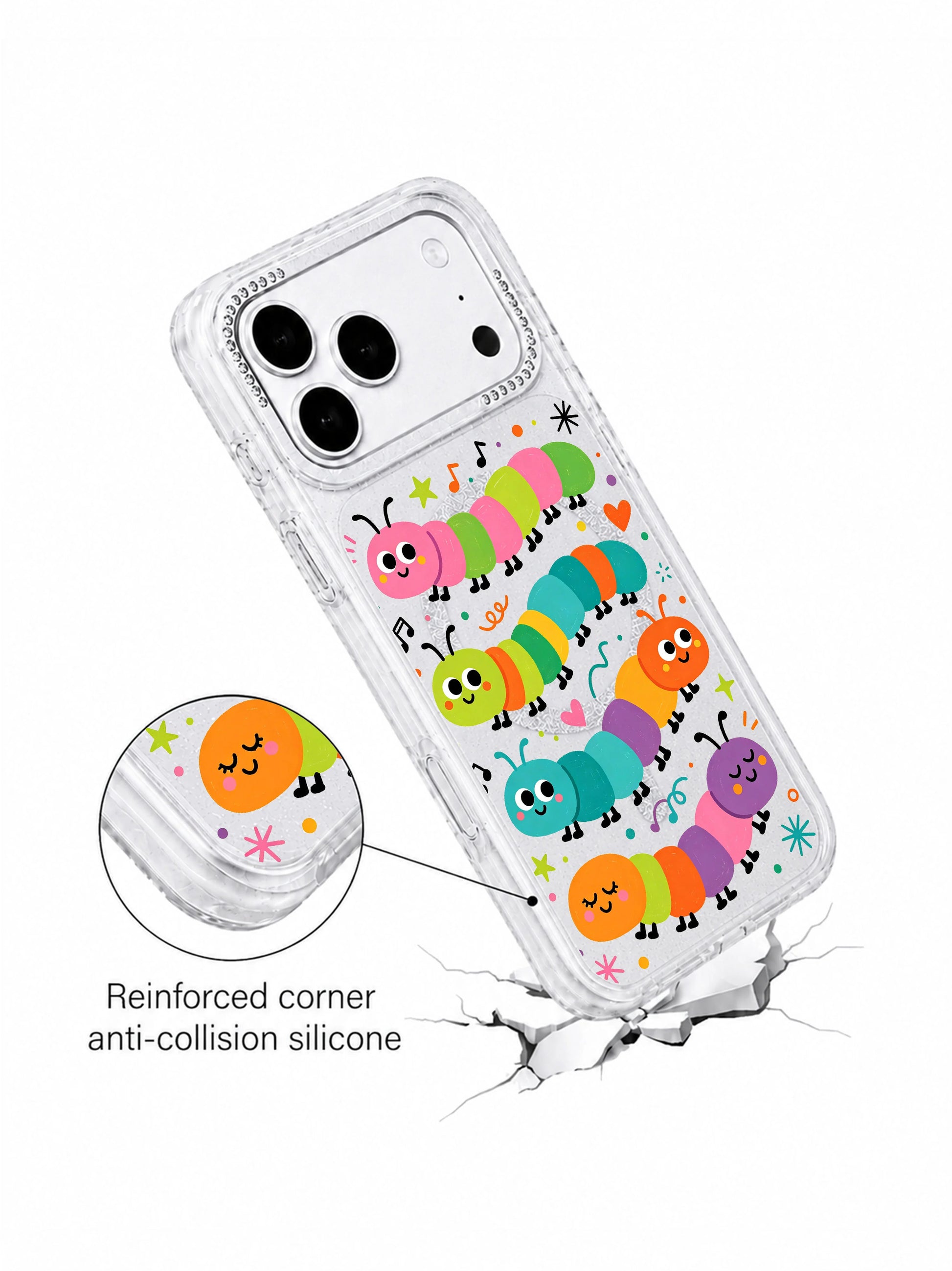 PhoneCasing MagSafe compatible Wink Caterpillar Band iPhone 17 Pro Max case, glitter clear custom casing printed with original Milo Popkins musical caterpillar illustration