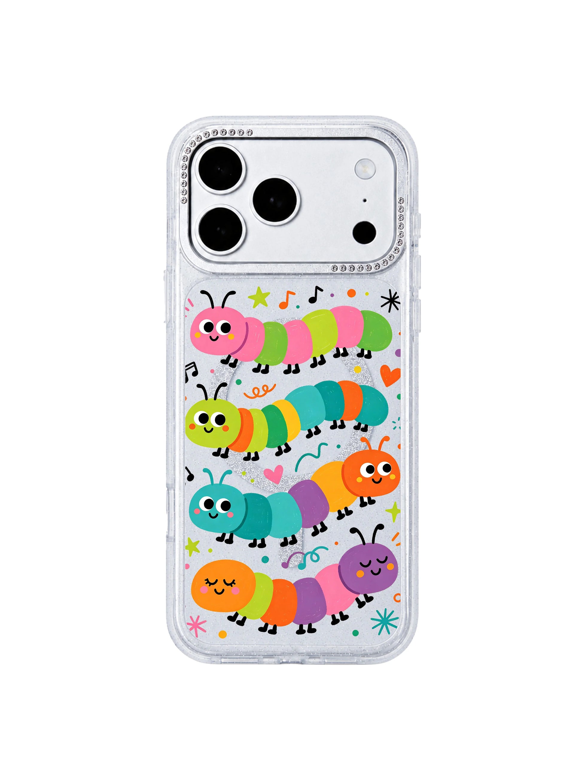 PhoneCasing exclusive Milo Popkins Wink Caterpillar Band fine art iPhone 17 Pro Max case, whimsical rainbow caterpillar doodle protective casing handcrafted in our California factory
