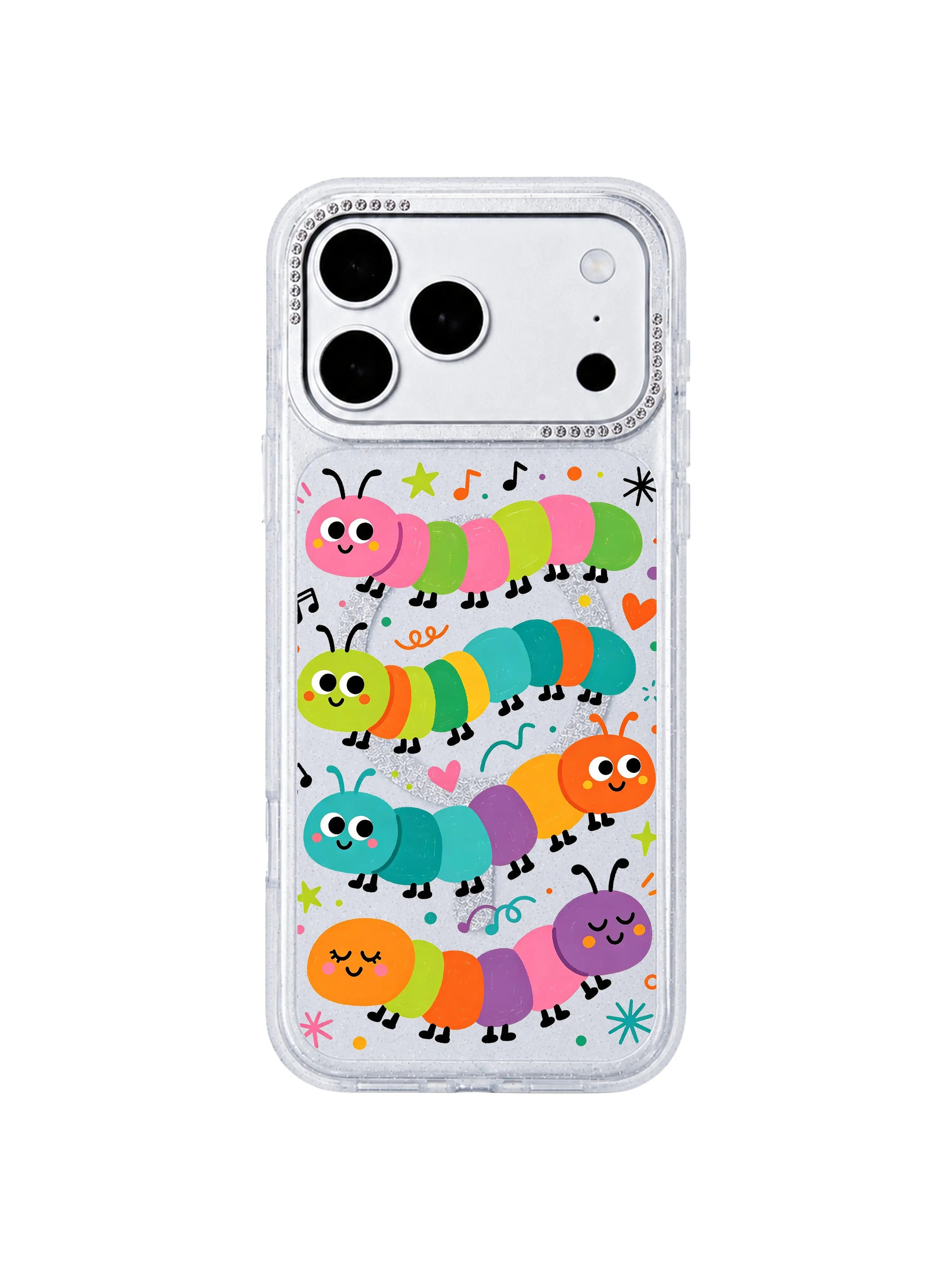 PhoneCasing official Milo Popkins Wink Caterpillar Band iPhone 17 Pro Max case, core homepage hero art protective casing with rainbow musical caterpillar doodles for iPhone 17 Pro Max