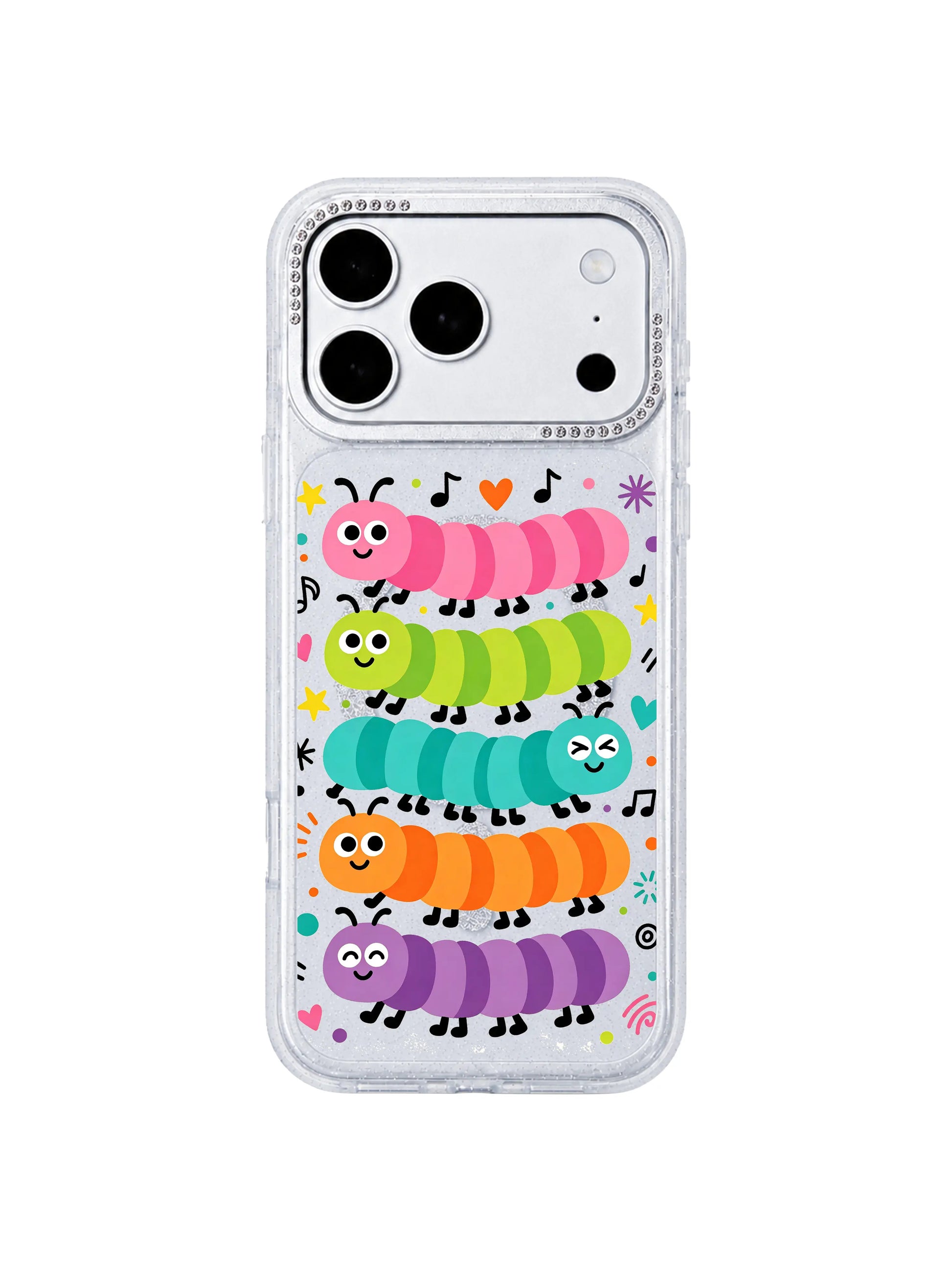 PhoneCasing macro ink texture shot Wink Caterpillar Band iPhone 17 Pro Max casing, museum-quality archival print case with winking musical caterpillar character details