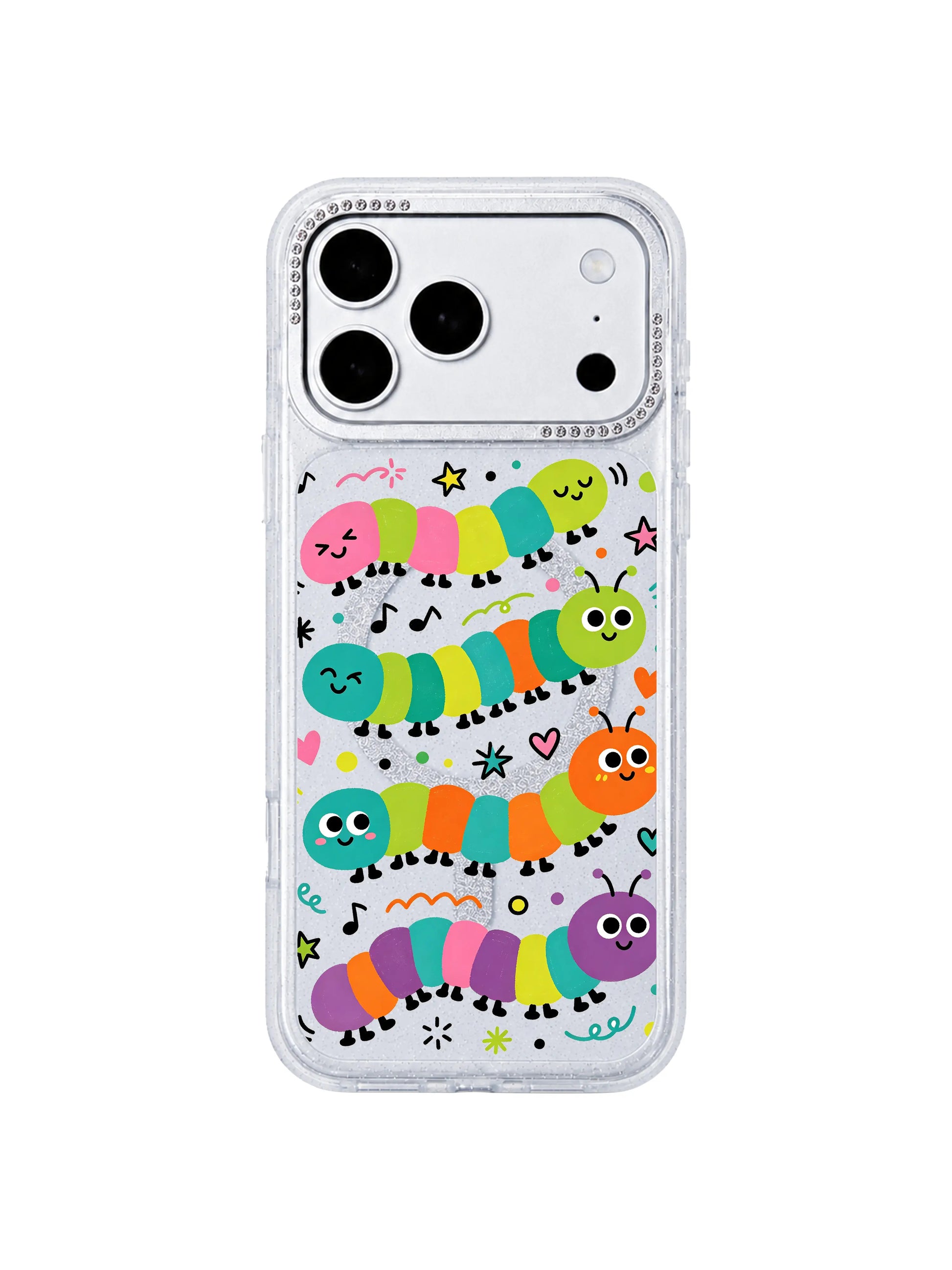 PhoneCasing slim lightweight side profile main image Wink Caterpillar Band iPhone 17 Pro Max casing, hourglass glitter protective case displayed on product homepage