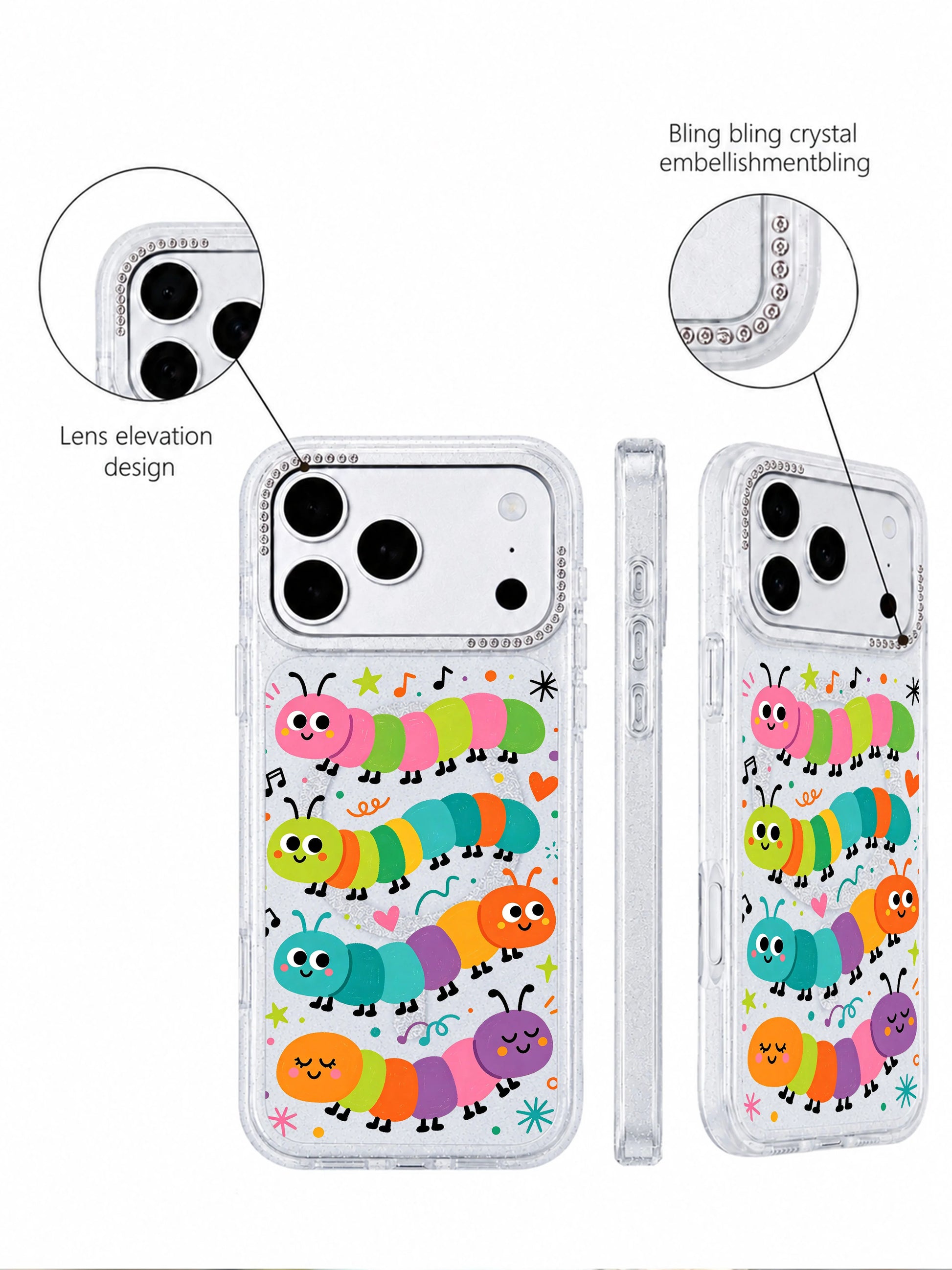 PhoneCasing split angled mockup Wink Caterpillar Band iPhone 17 Pro Max case, limited-edition music doodle art casing ideal as birthday gift for art-loving women