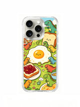 Dino Breakfast Party artwork on an iPhone 16 Pro case