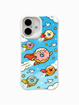 PhoneCasing exclusive artist collaboration iPhone 16 Plus Case, featuring Milo Yun’s Donut Flying Club with cute caped donuts soaring through the sky.