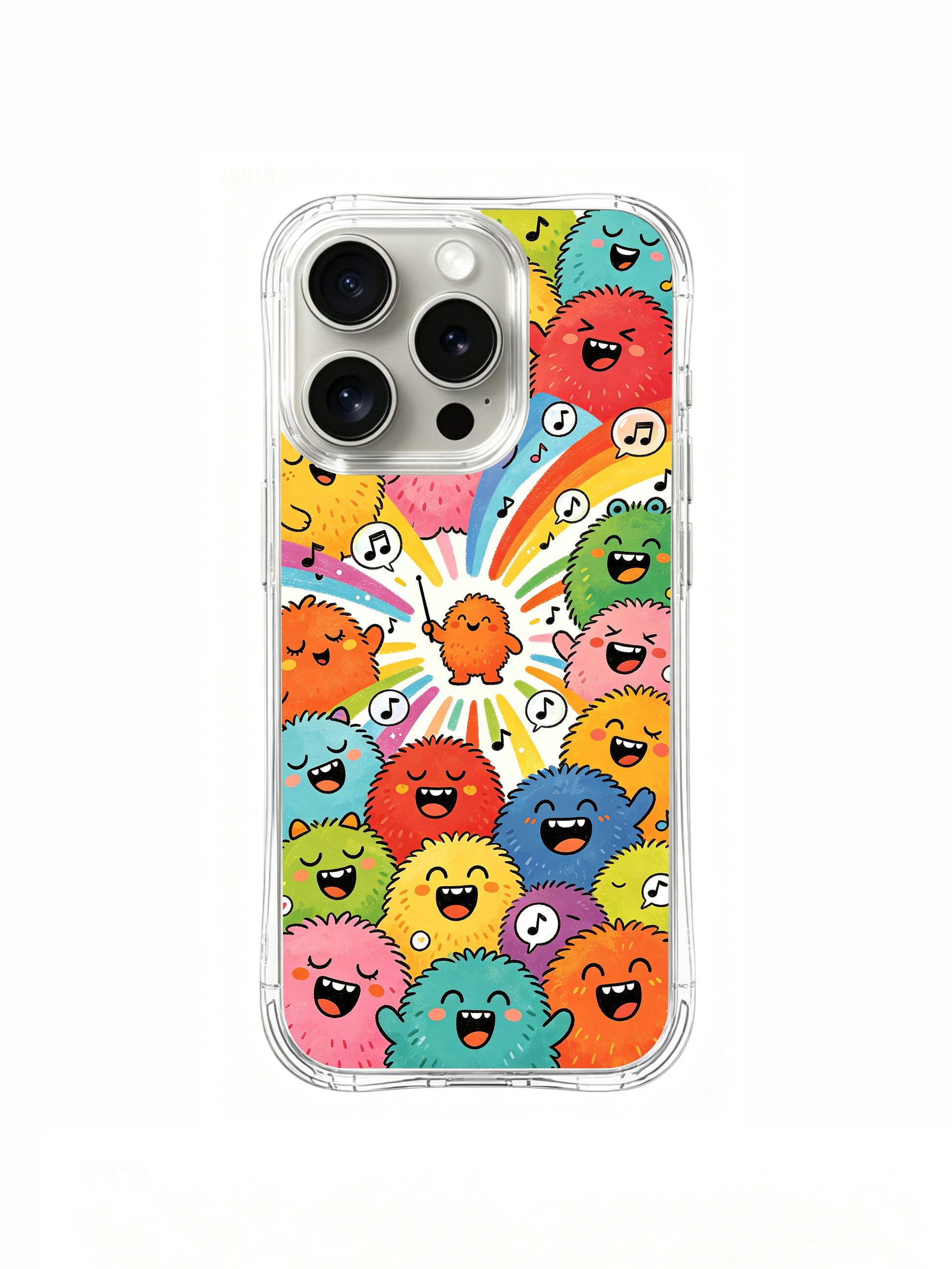 PhoneCasing iPhone 16 Pro Case featuring Milo Yun’s whimsical Fluffy Monster Choir illustration, premium artist-collaborated art casing for women.