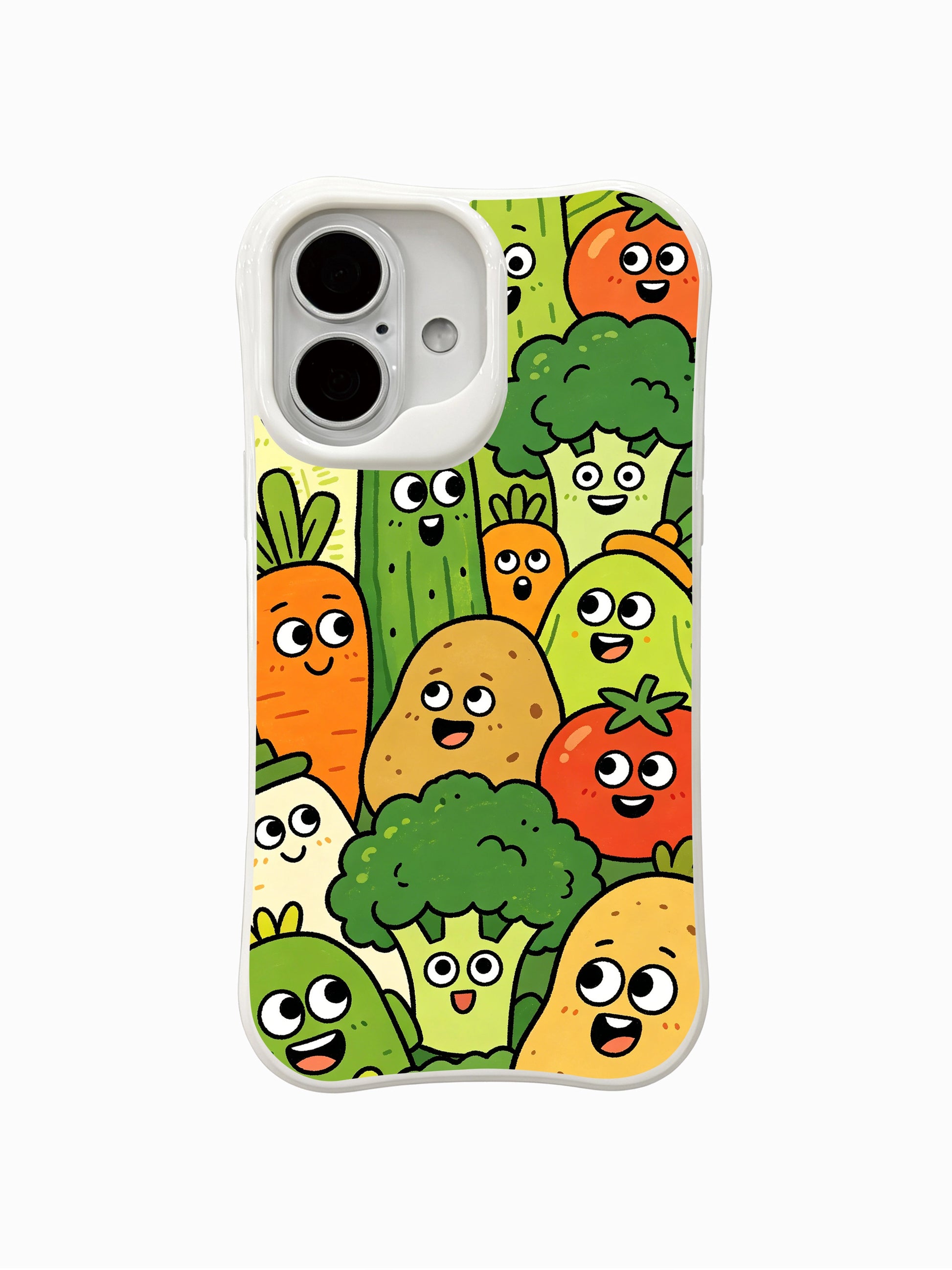 PhoneCasing exclusive artist collaboration iPhone 16 Plus Case, featuring Milo Yun’s Happy Vegetable Meeting with silly carrot, tomato, and broccoli characters.