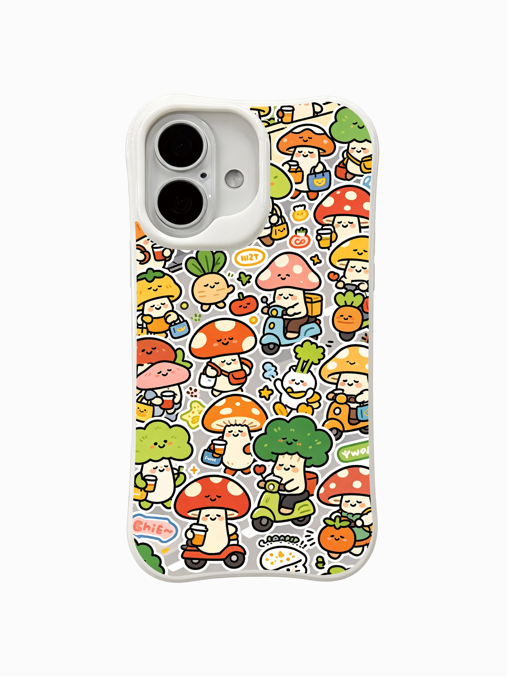 PhoneCasing exclusive artist collaboration iPhone 16 Plus Case, featuring Milo Yun’s Mushroom Town Rush Hour with cute mushroom characters and whimsical city art.