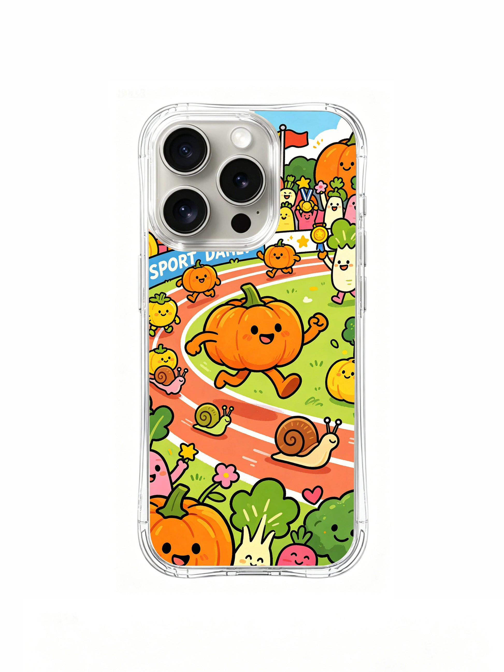 PhoneCasing iPhone 16 pro Case featuring Milo Yun’s whimsical Pumpkin Olympics illustration, premium artist-collaborated art casing for women.