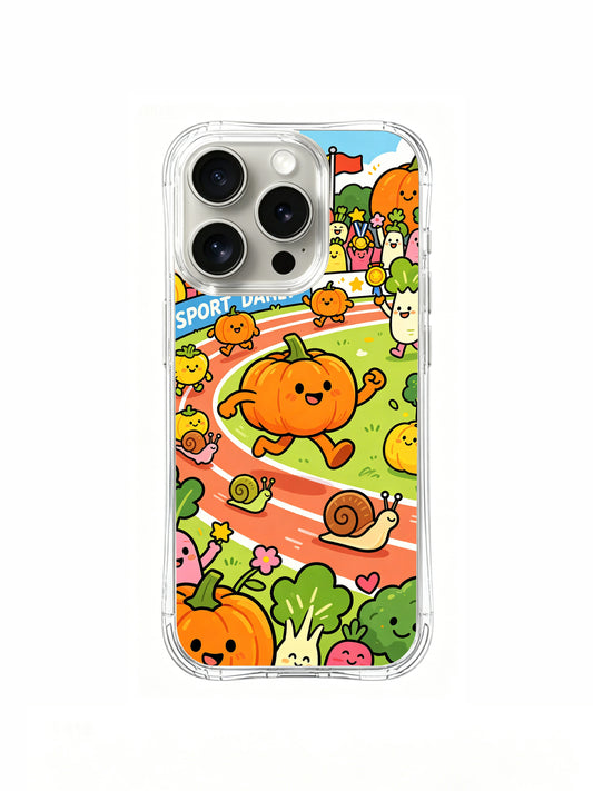 PhoneCasing iPhone 16 pro Case featuring Milo Yun’s whimsical Pumpkin Olympics illustration, premium artist-collaborated art casing for women.