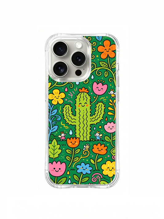 PhoneCasing iPhone 16 Pro Case featuring Milo Yun’s whimsical Silly Plant Garden illustration, premium artist-collaborated art casing for women.