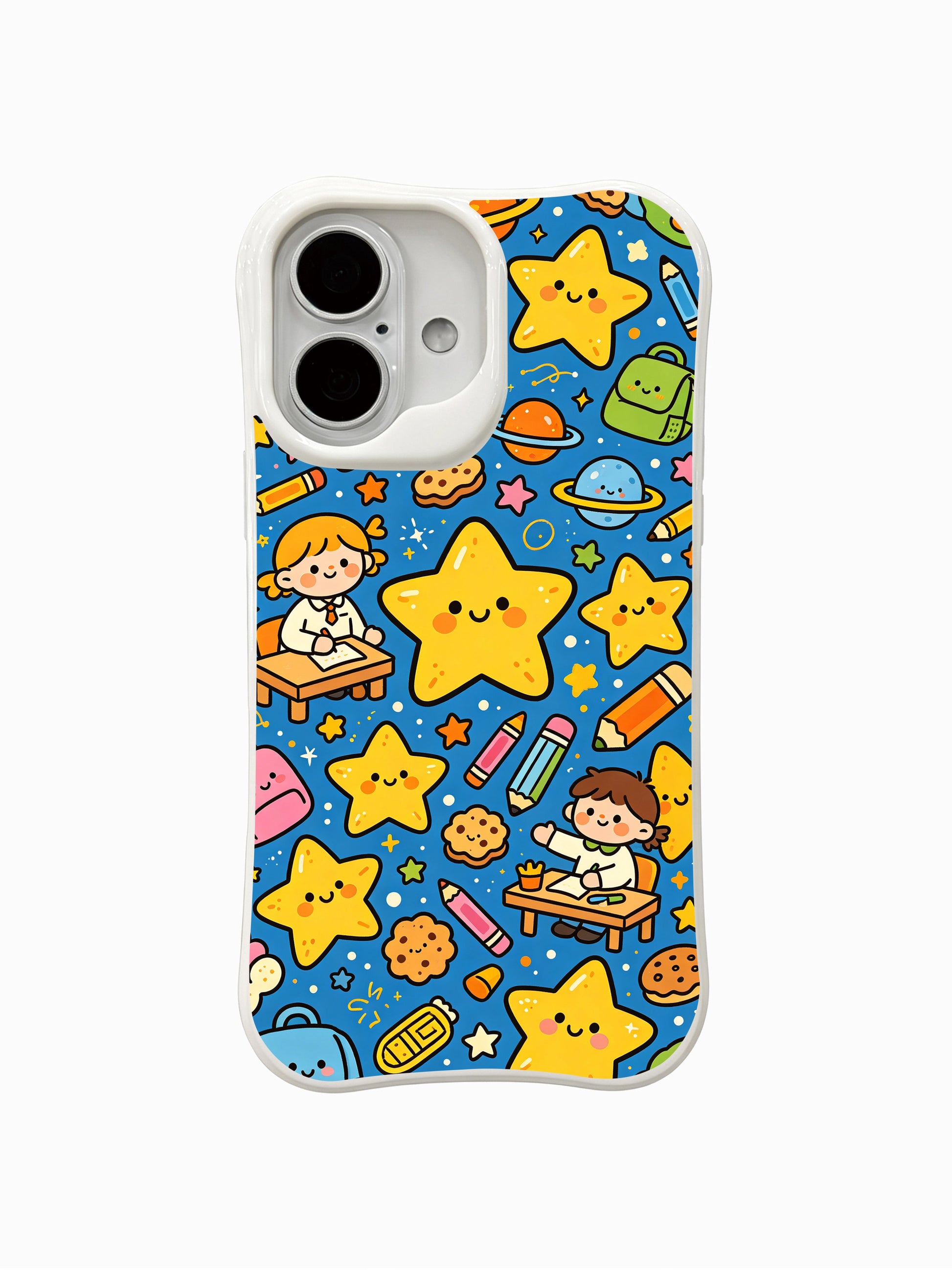 PhoneCasing exclusive artist collaboration iPhone 16 Plus Case, featuring Milo Yun’s Star Kindergarten with cute star characters and whimsical space art.