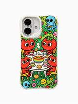 PhoneCasing exclusive artist collaboration iPhone 16 Plus Case, featuring Milo Yun’s Tomato Aliens enjoying rainbow soup during cosmic afternoon tea.