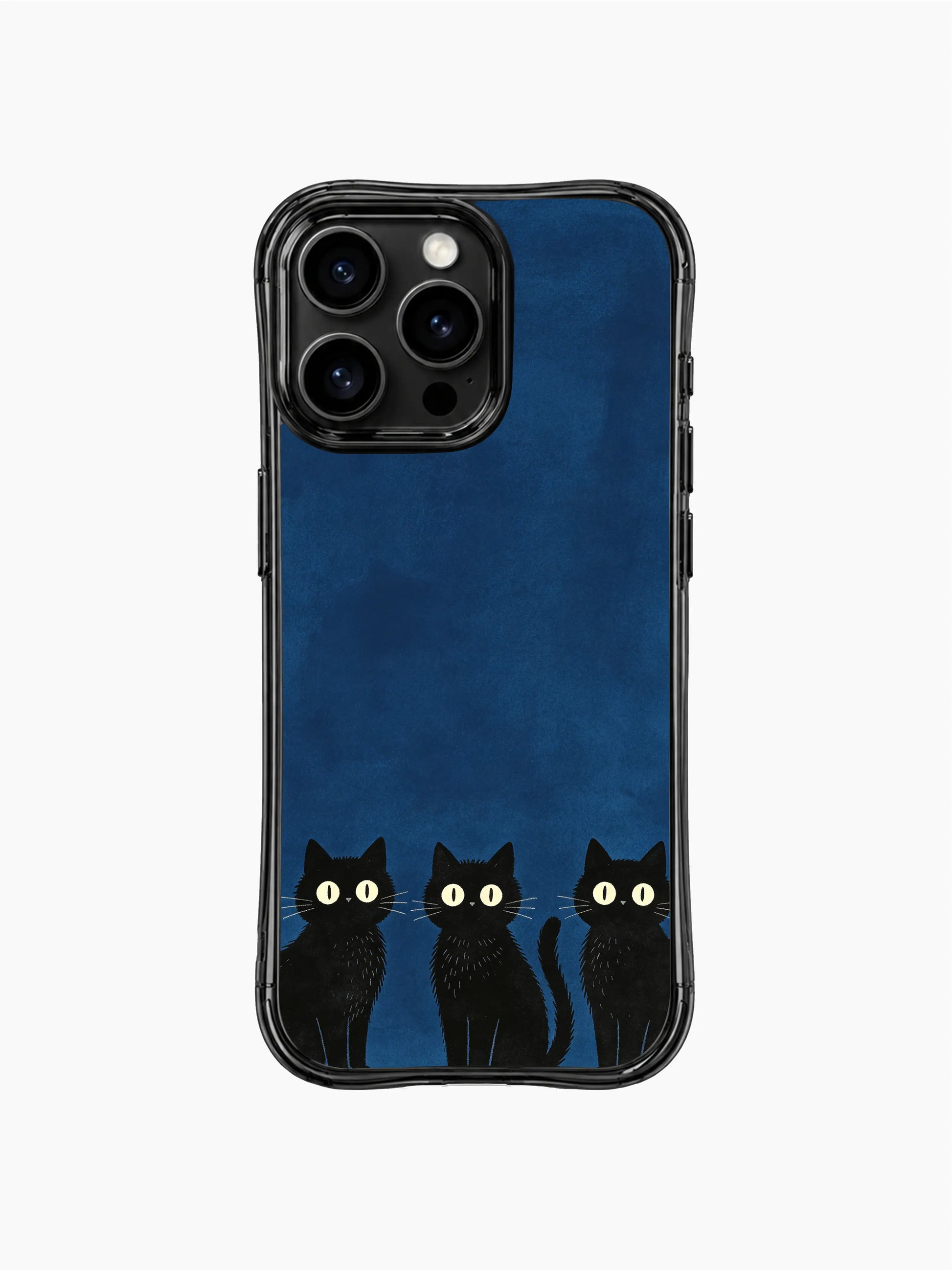 PhoneCasing iPhone 16 pro max case with original art by Mimi Colorfield, minimalist black cats on a dark blue night station.
