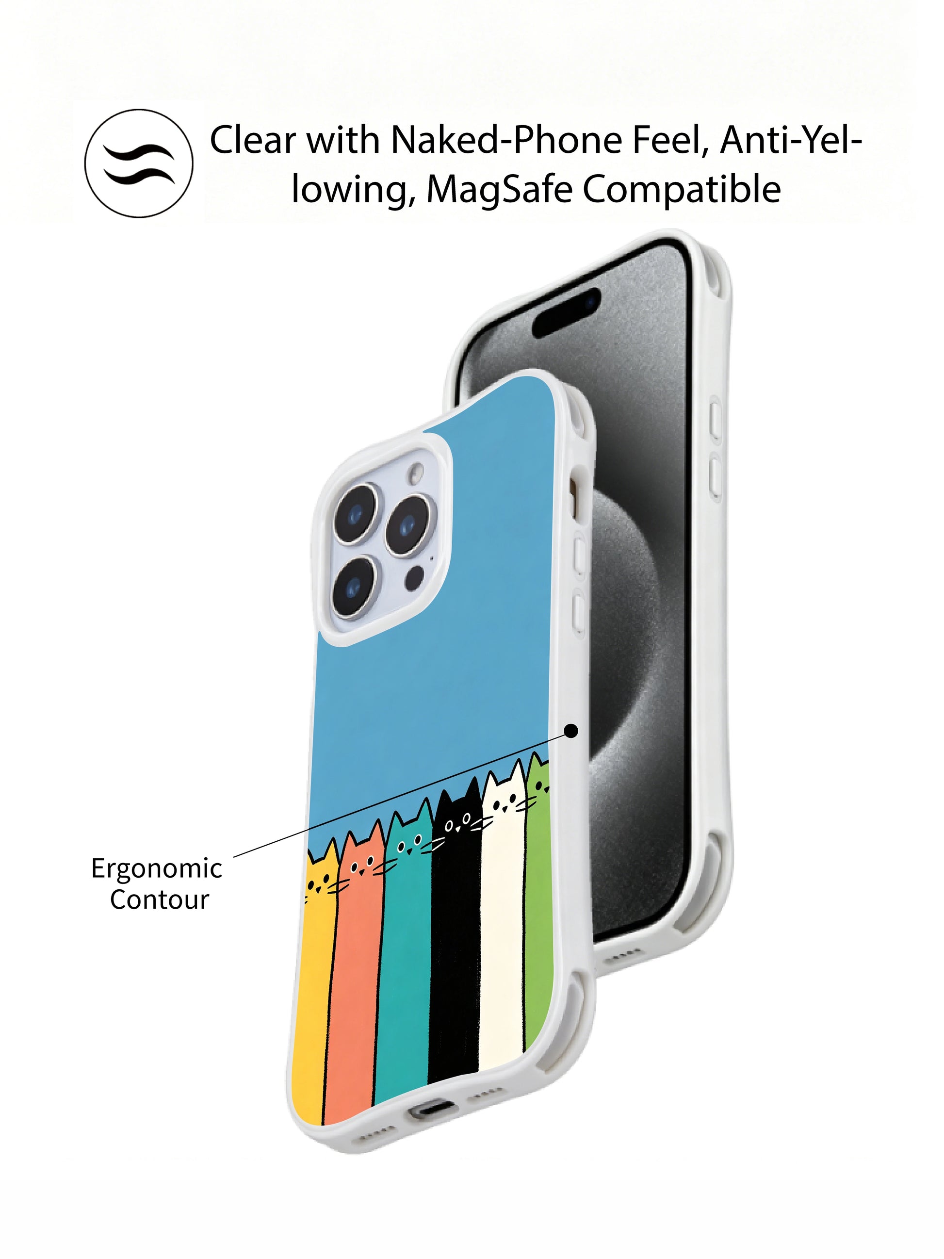 PhoneCasing iPhone 16 Pro Max showcasing Mimi Colorfield Blue Cats, simple block-color felines waiting in line on a sky-blue base.