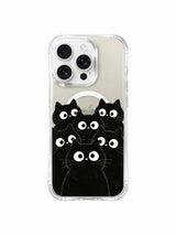 PhoneCasing iPhone 16 pro max anti-yellowing case with original art by Mimi Colorfield, black cats in a cozy gathering.