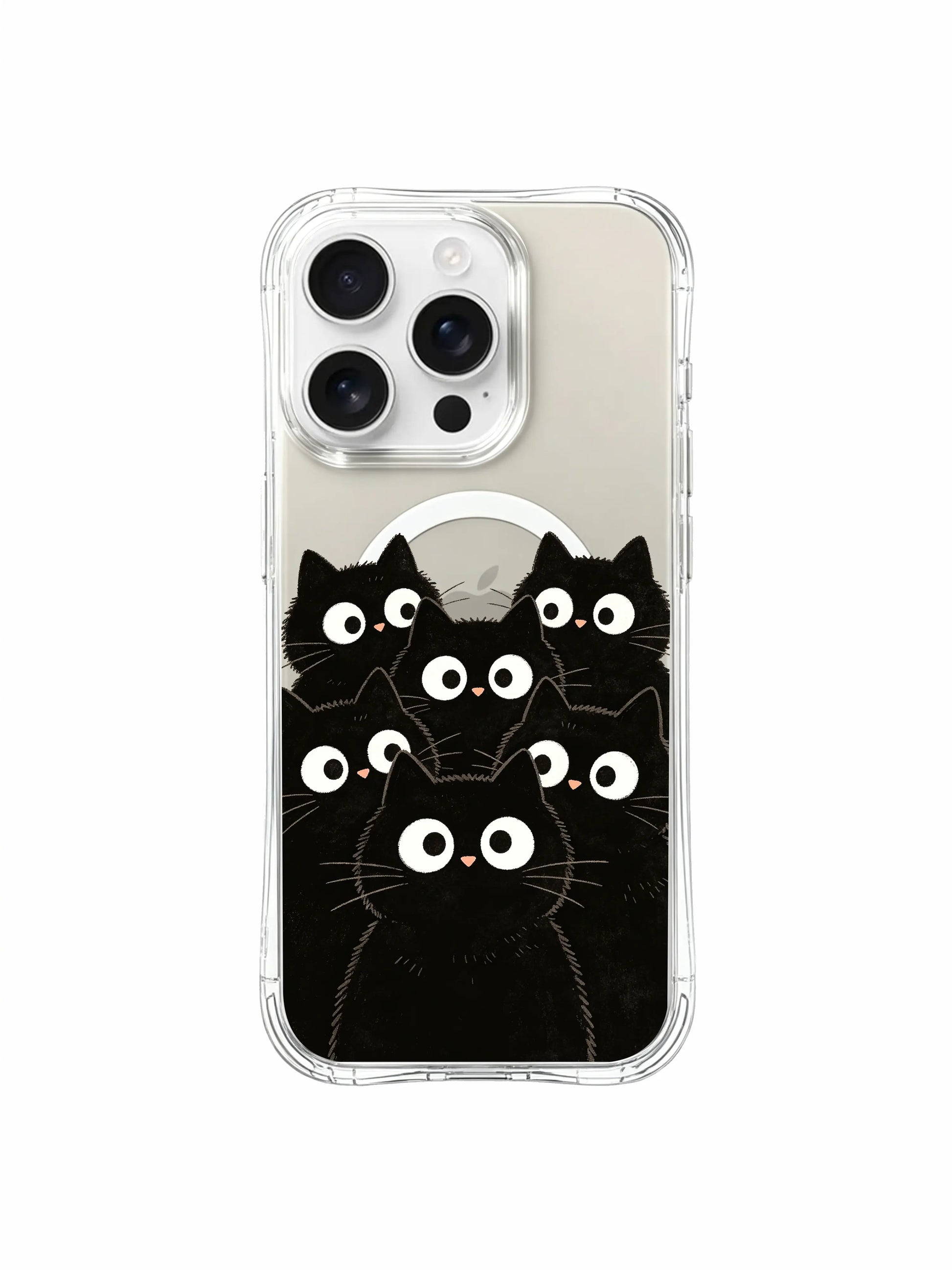 PhoneCasing iPhone 16 pro max anti-yellowing case with original art by Mimi Colorfield, black cats in a cozy gathering.