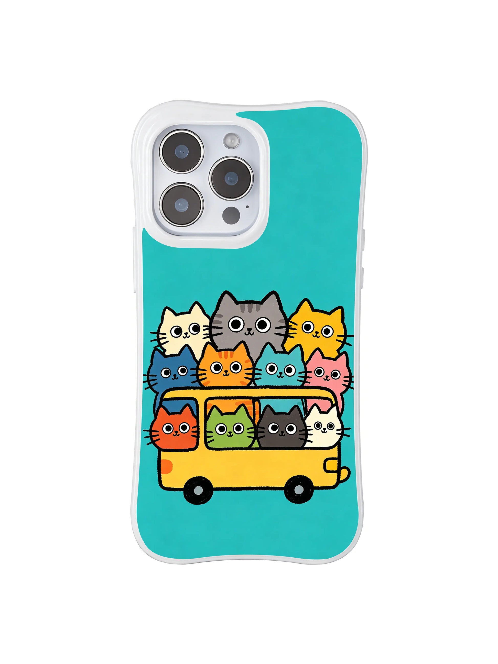 PhoneCasing iPhone 16 pro max case with original art by Mimi Colorfield, cats on a bus for a playful, cheerful look.