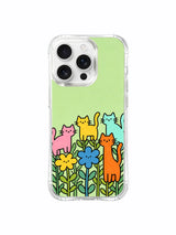 PhoneCasing iPhone 16 pro max anti-yellowing case with art by Mimi Colorfield, a garden made entirely of colorful cats.