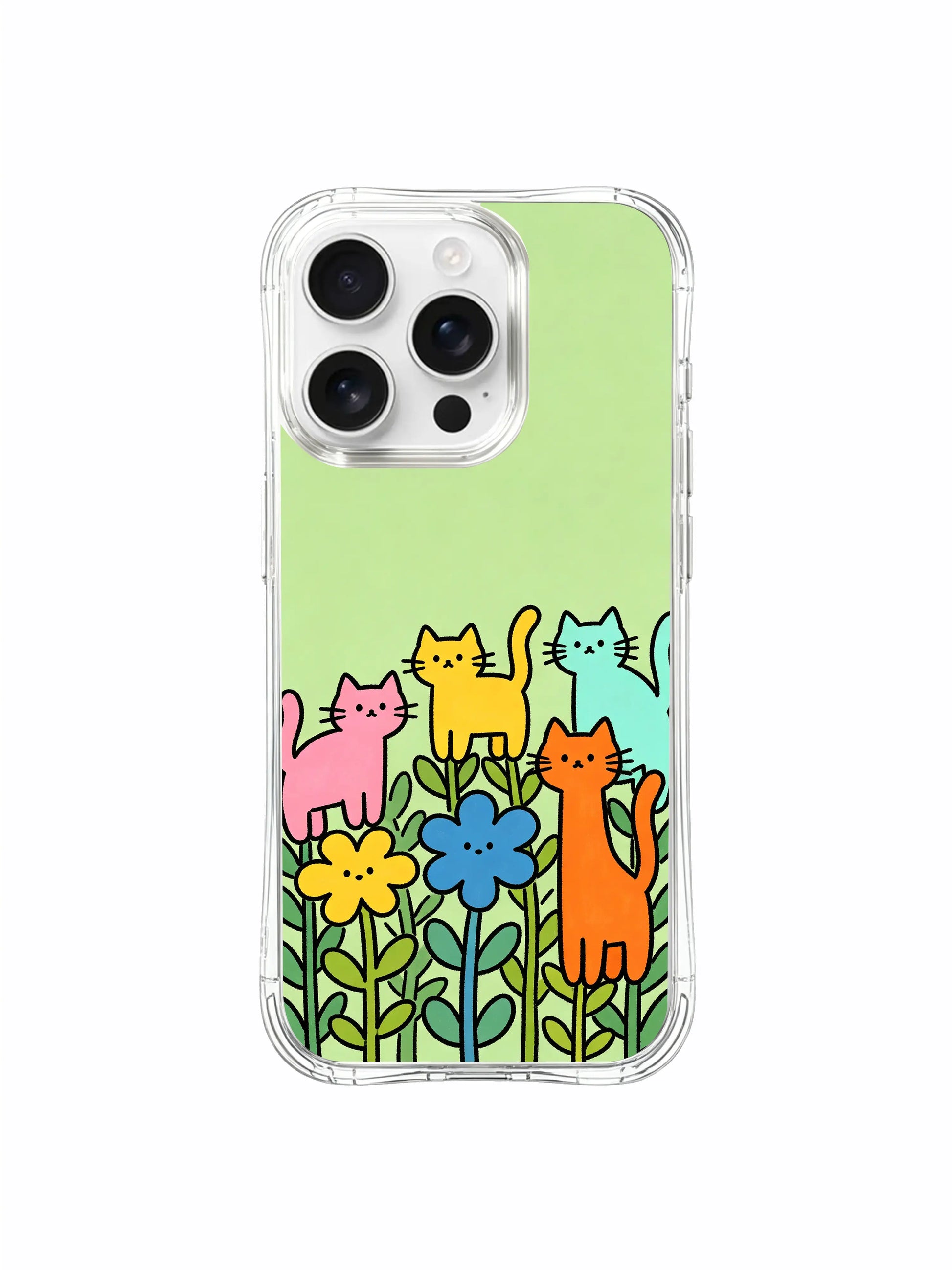 PhoneCasing iPhone 16 pro max anti-yellowing case with art by Mimi Colorfield, a garden made entirely of colorful cats.