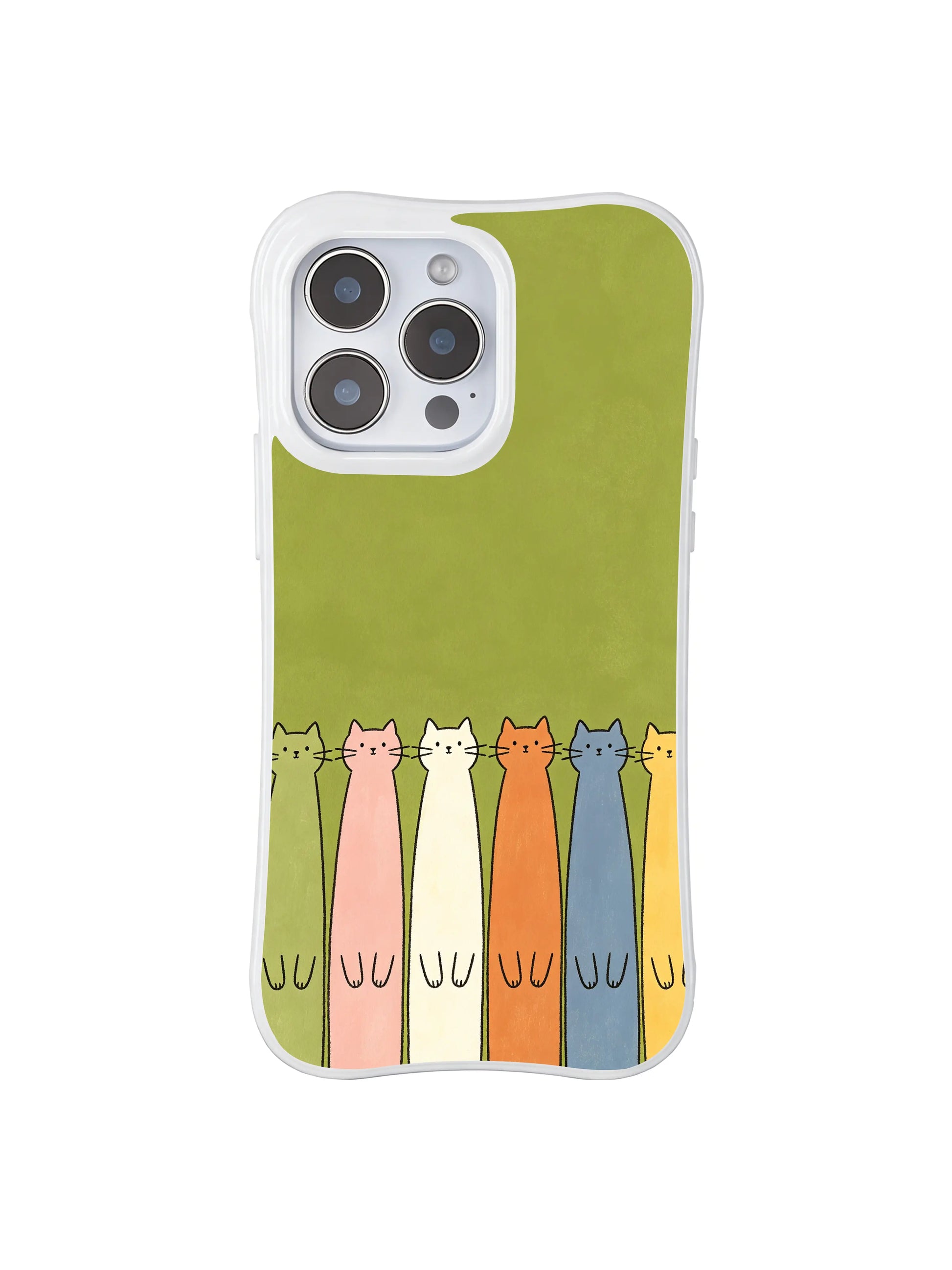 PhoneCasing iPhone 16 Pro Max showcasing Mimi Colorfield Forest Sprites, charming kitties with unique expressions in a soft green setting.