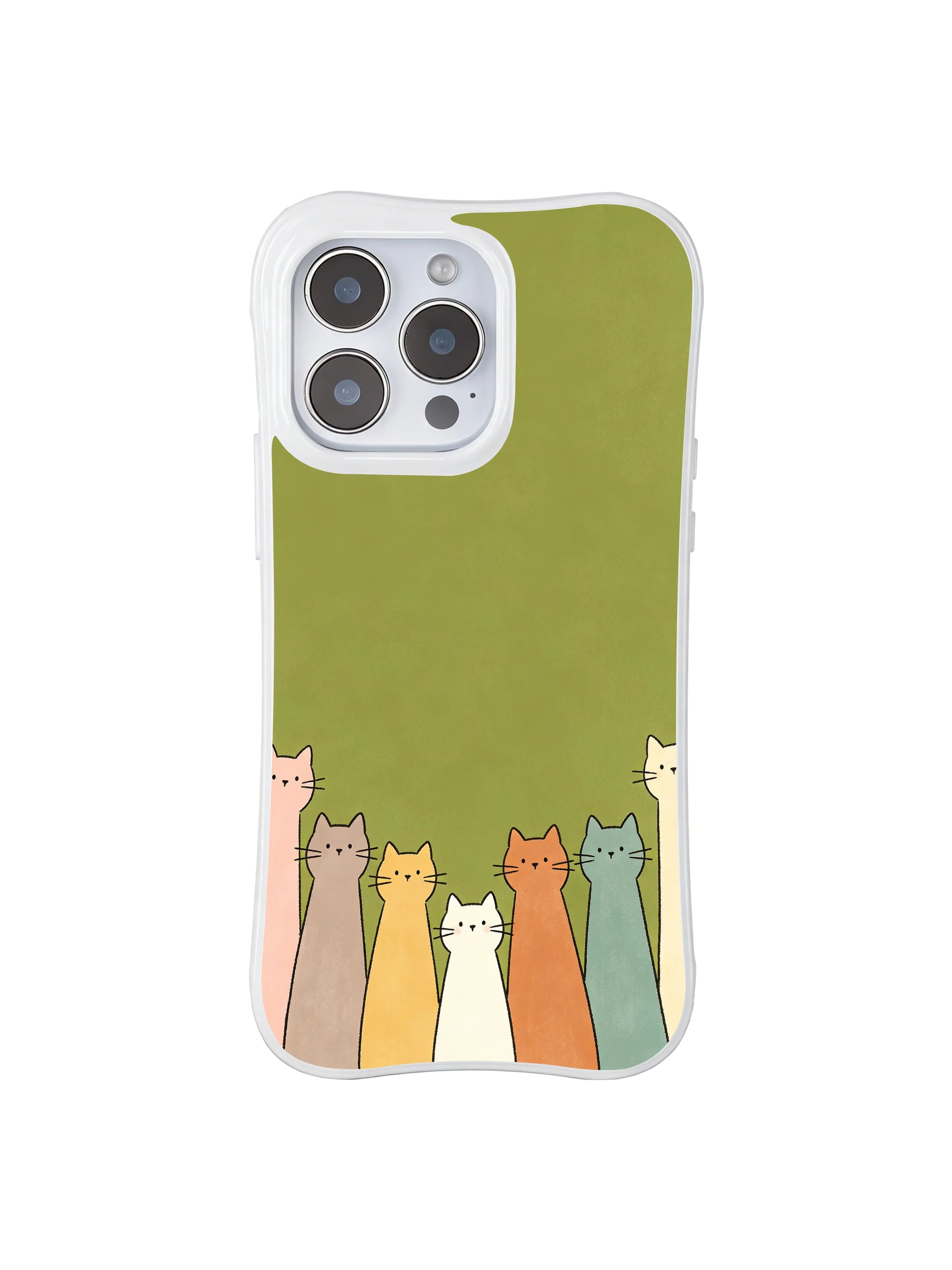 PhoneCasing iPhone 16 Pro Max showcasing Mimi Colorfield Green Cats, soft-toned felines standing in line against a peaceful forest backdrop.
