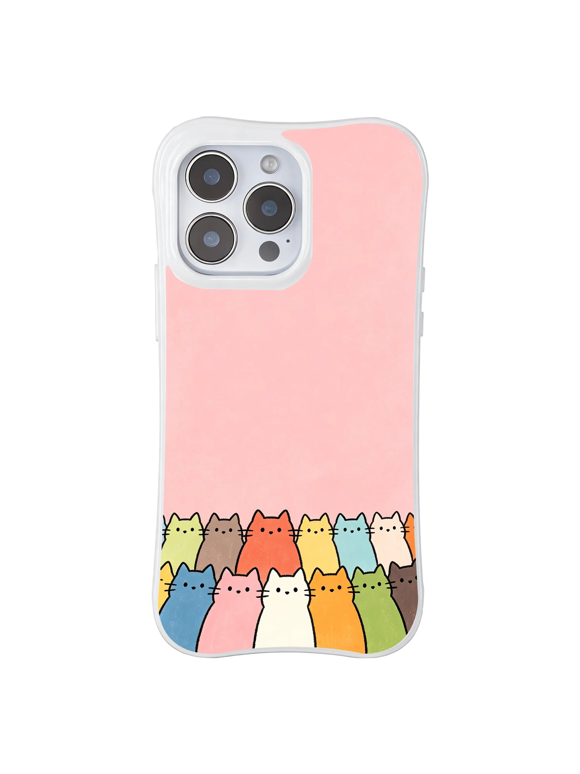 PhoneCasing iPhone 16 Pro Max with Mimi Colorfield Pastel Kittens, whimsical cat illustrations forming a lively group against a pink backdrop.