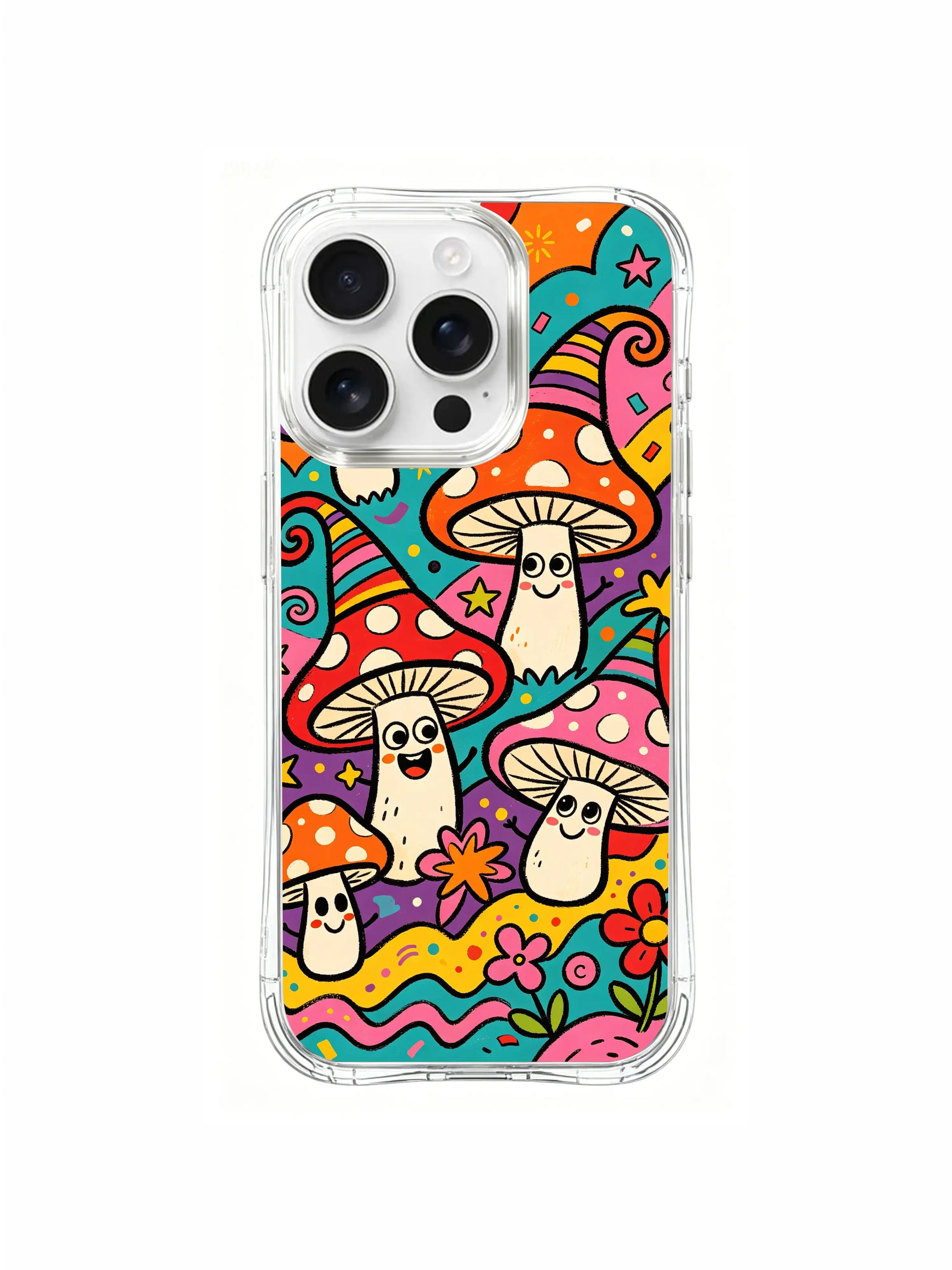 PhoneCasing iPhone 16 pro max Case, whimsical detailed art casing with tiny infant clown mushrooms nested inside daisy petals alongside full-size parade lineup, limited-edition boho psychedelic art accessory casing for iPhone 16 pro max.