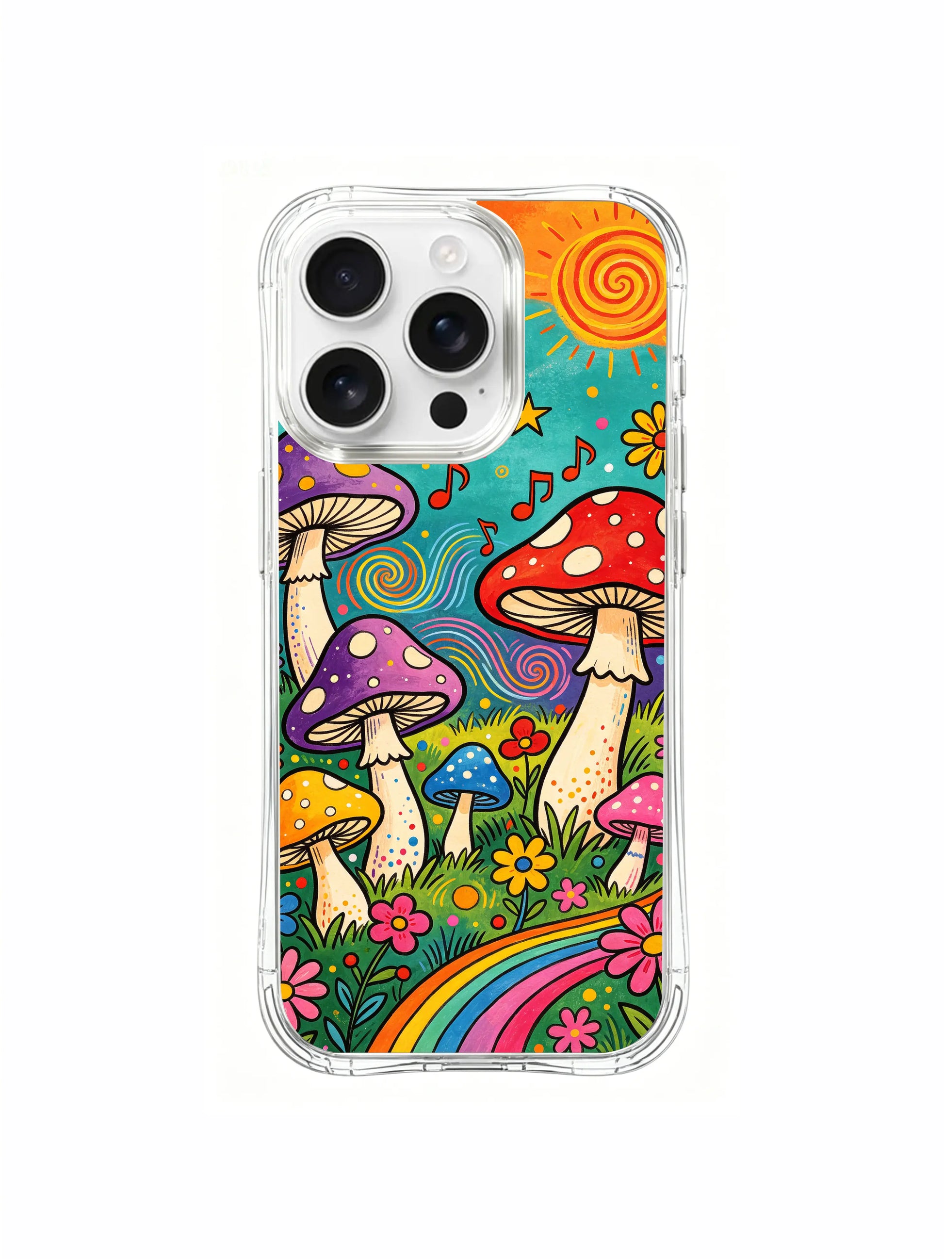 PhoneCasing iPhone 16 pro max Case, whimsical detailed art casing with tiny infant tone mushrooms nested inside daisy petals alongside full-size fungi along winding rainbow trail, limited-edition boho psychedelic art accessory casing for iPhone 16 pro max.