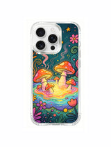PhoneCasing iPhone 16 pro max Case, whimsical detailed art casing with tiny infant glowing mushrooms nested inside daisy petals alongside full-size spotted fungi along hot spring shoreline, limited-edition boho psychedelic art accessory casing for iPhone 16 pro max.
