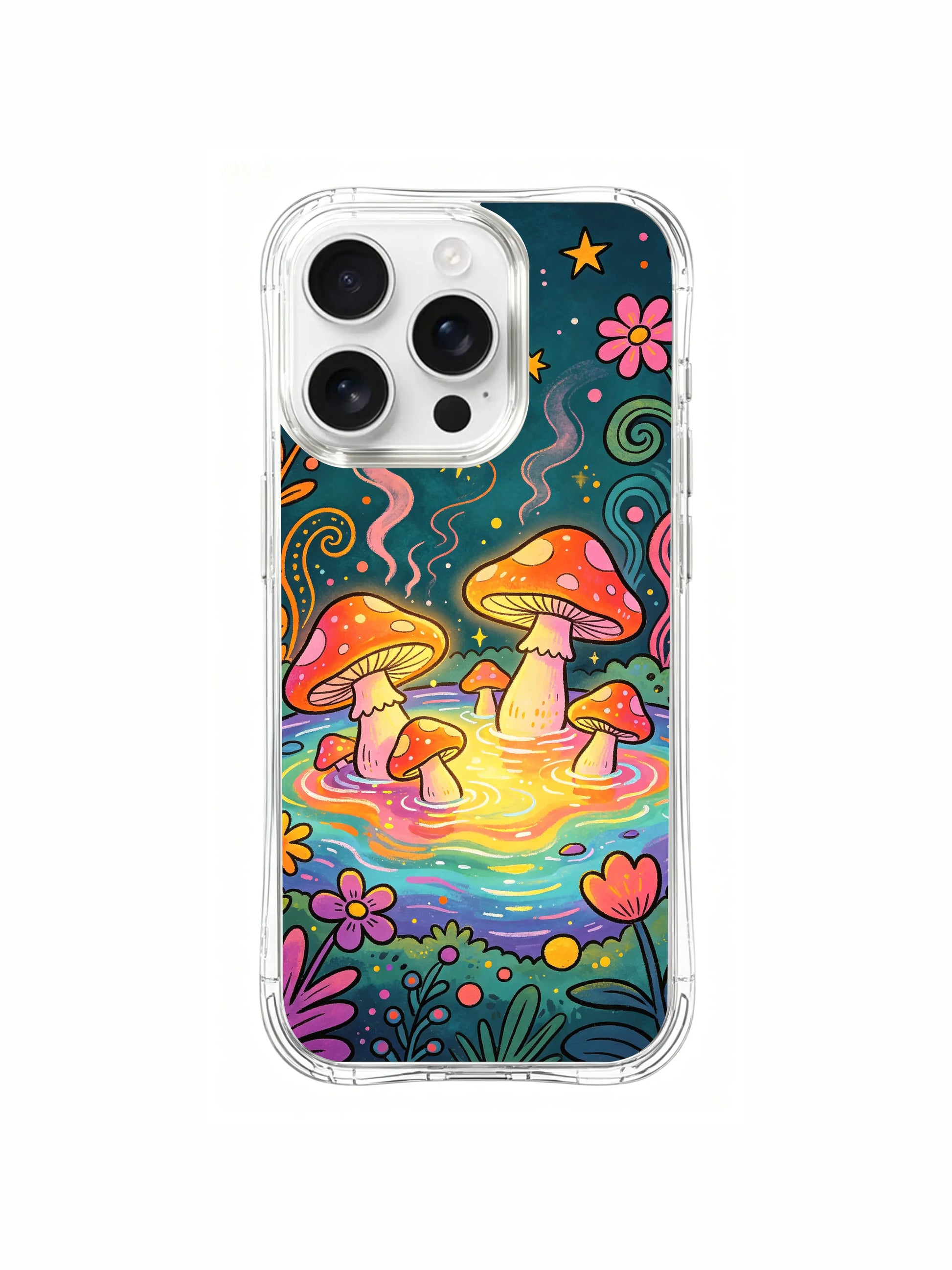 PhoneCasing iPhone 16 pro max Case, whimsical detailed art casing with tiny infant glowing mushrooms nested inside daisy petals alongside full-size spotted fungi along hot spring shoreline, limited-edition boho psychedelic art accessory casing for iPhone 16 pro max.