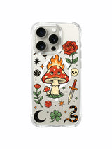 PhoneCasing iPhone 15 pro Case tiny auxiliary baby mushrooms at main shroom base, flanking clover foliage and coiled snake, USA manufactured durable art phone casing.