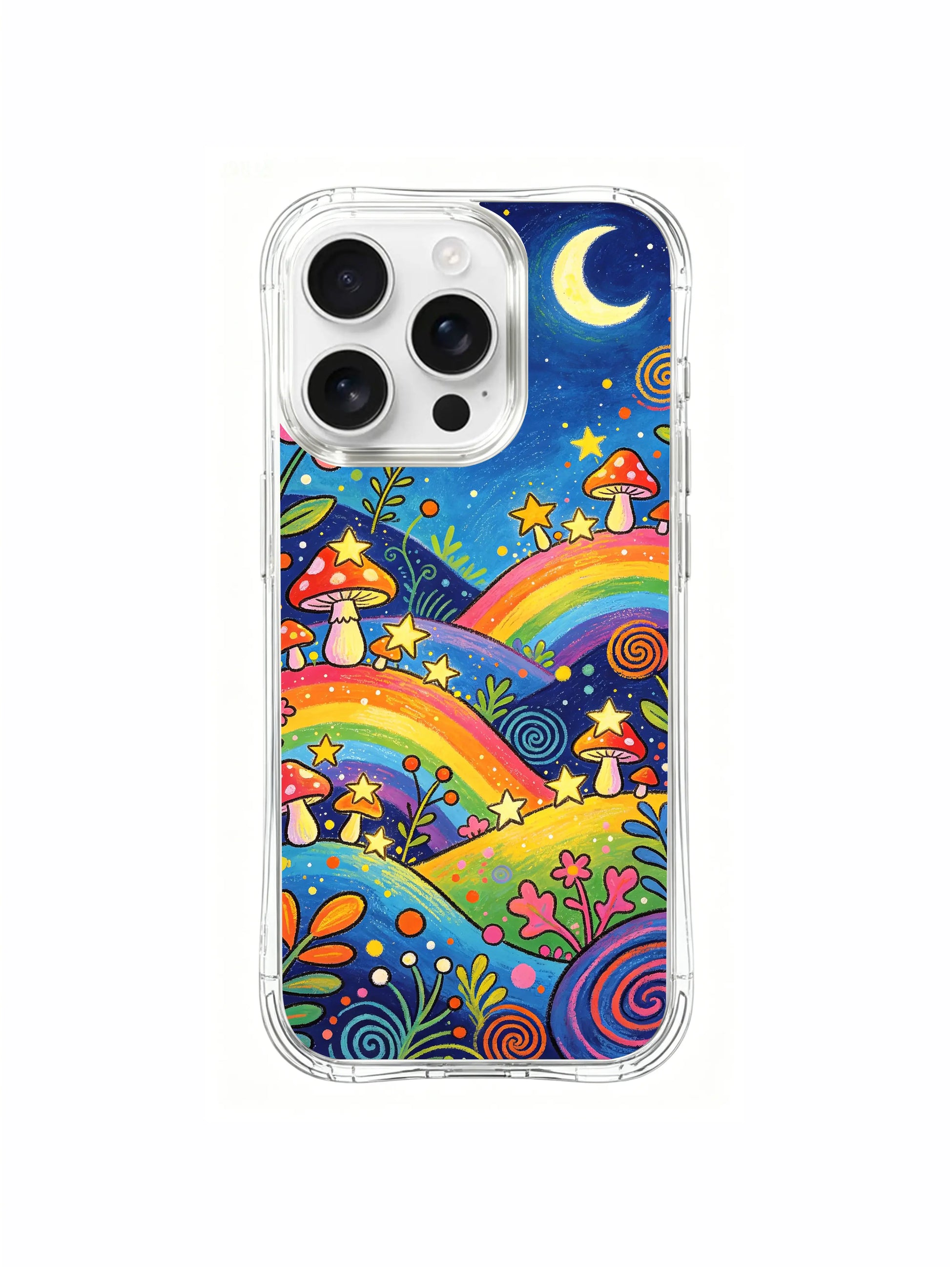 PhoneCasing iPhone 16 pro max Case, whimsical detailed art casing with tiny infant spotted mushrooms hidden inside daisy petals across rainbow hillside, large central star-harvest amanita dominating upper landscape, limited-edition psychedelic boho art accessory casing for iPhone 16 pro max.