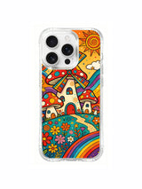 PhoneCasing iPhone 16 pro max Case, whimsical detailed art casing with tiny infant spotted mushrooms hidden inside daisy petals across village hillside, large central windmill mushroom dominating upper landscape, limited-edition psychedelic boho art accessory casing for iPhone 16 pro max.