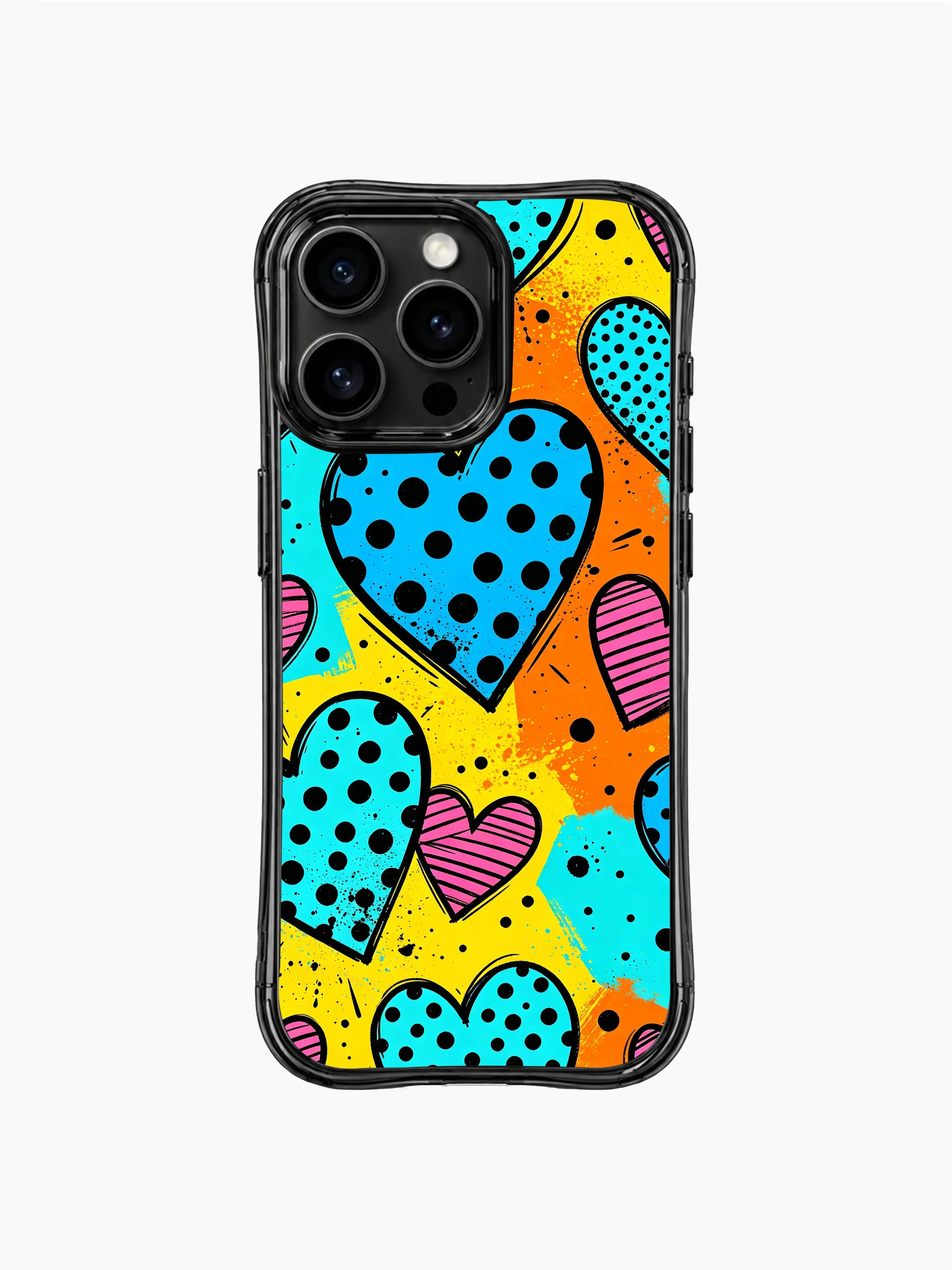 PhoneCasing iPhone 13 Pro Max casing tiny scattered black ink dots and splatters embellish floating cyan polka hearts, lively energetic pop aesthetic phone case.