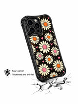 PhoneCasing iPhone 16 pro Case with subtle tiny pink heart silhouettes and scattered bright orange speckle dots layered over textured grain black layout, part of Ruby Daze collection, UV-printed wavy art casing.