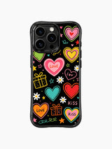 PhoneCasing iPhone 13 Pro Max case tiny white daisy embellishments surround hand drawn hearts and love letter text, dark black canvas bright pastel doodle phone cover casing.