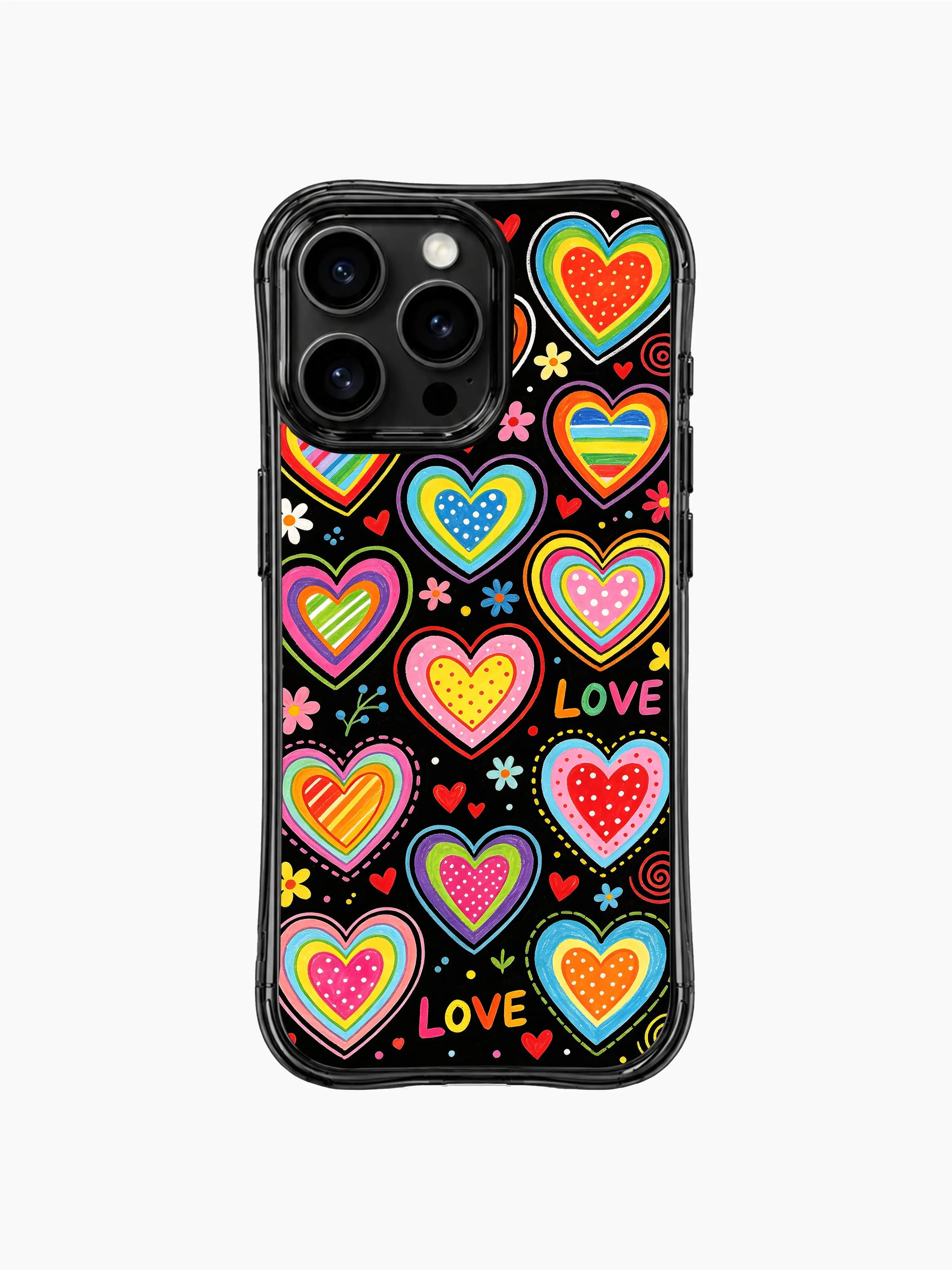 Mini floral confetti detail PhoneCasing iPhone 13 Pro Max casing, sweet candy store heart doodle repeat print, scratch-resistant glossy dark base and multi rainbow layered sketch hearts