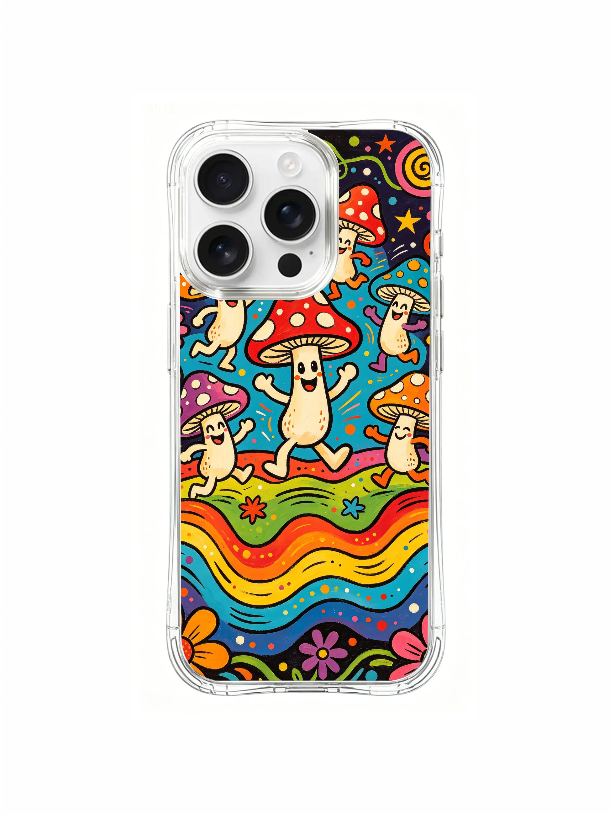 PhoneCasing iPhone 16 pro max Case, whimsical fine art casing dotted with assorted tiny mini mushrooms lining both sides of winding rainbow grass dance trail, limited-edition boho art accessory phone casing