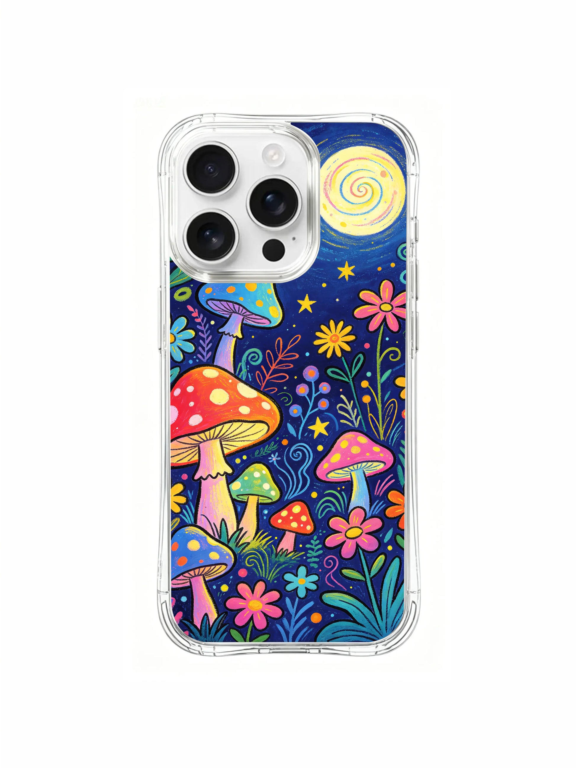 PhoneCasing iPhone 16 pro max Case, whimsical fine art casing dotted with assorted tiny mini glowing mushrooms lining both sides of winding rainbow woodland terrain, limited-edition boho art accessory phone casing