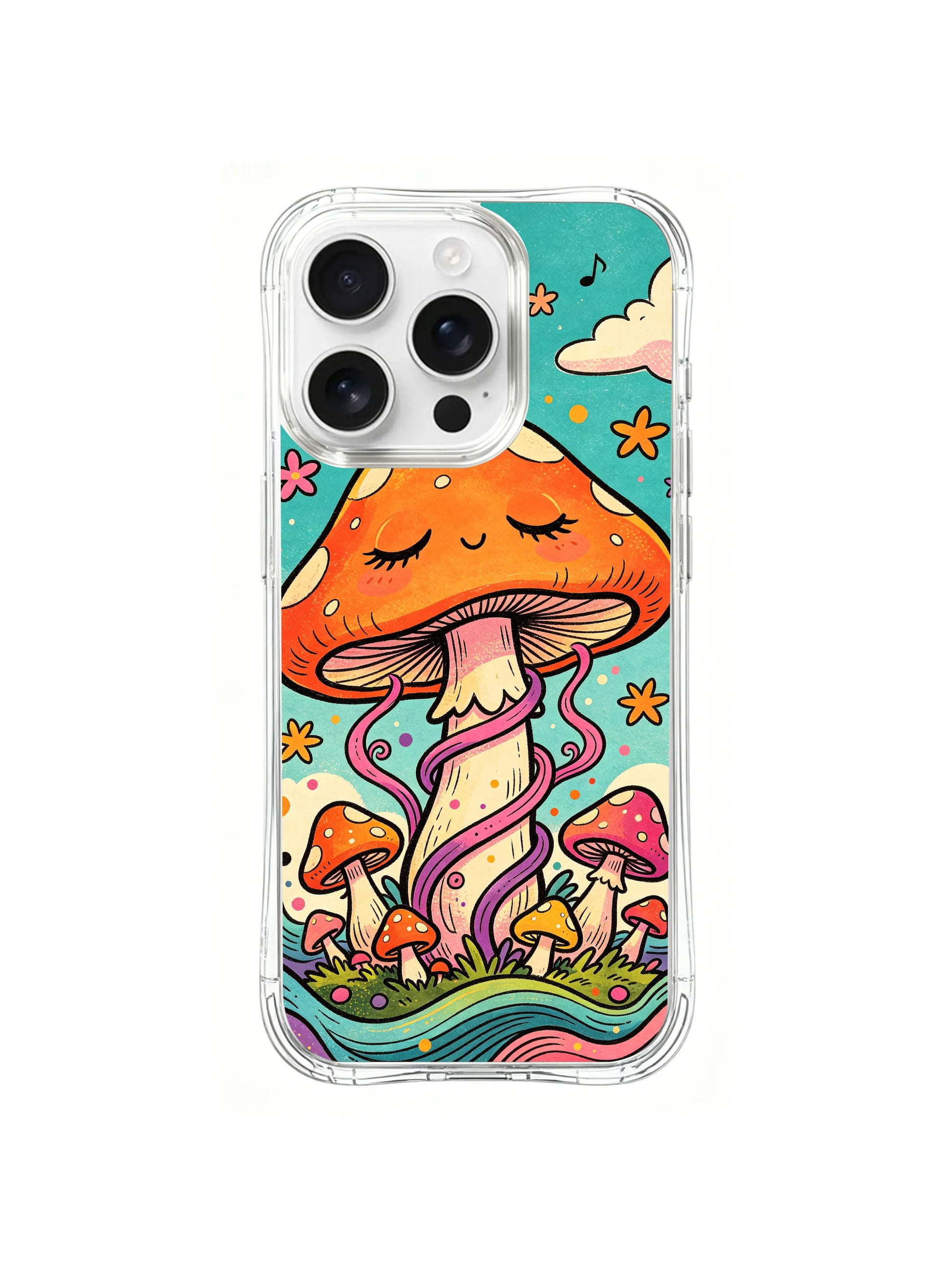 PhoneCasing iPhone 16 pro max Case, whimsical fine art casing dotted with assorted tiny mini mushrooms lining both sides of winding rainbow grass inside magical mushroom dream, limited-edition boho art accessory phone casing