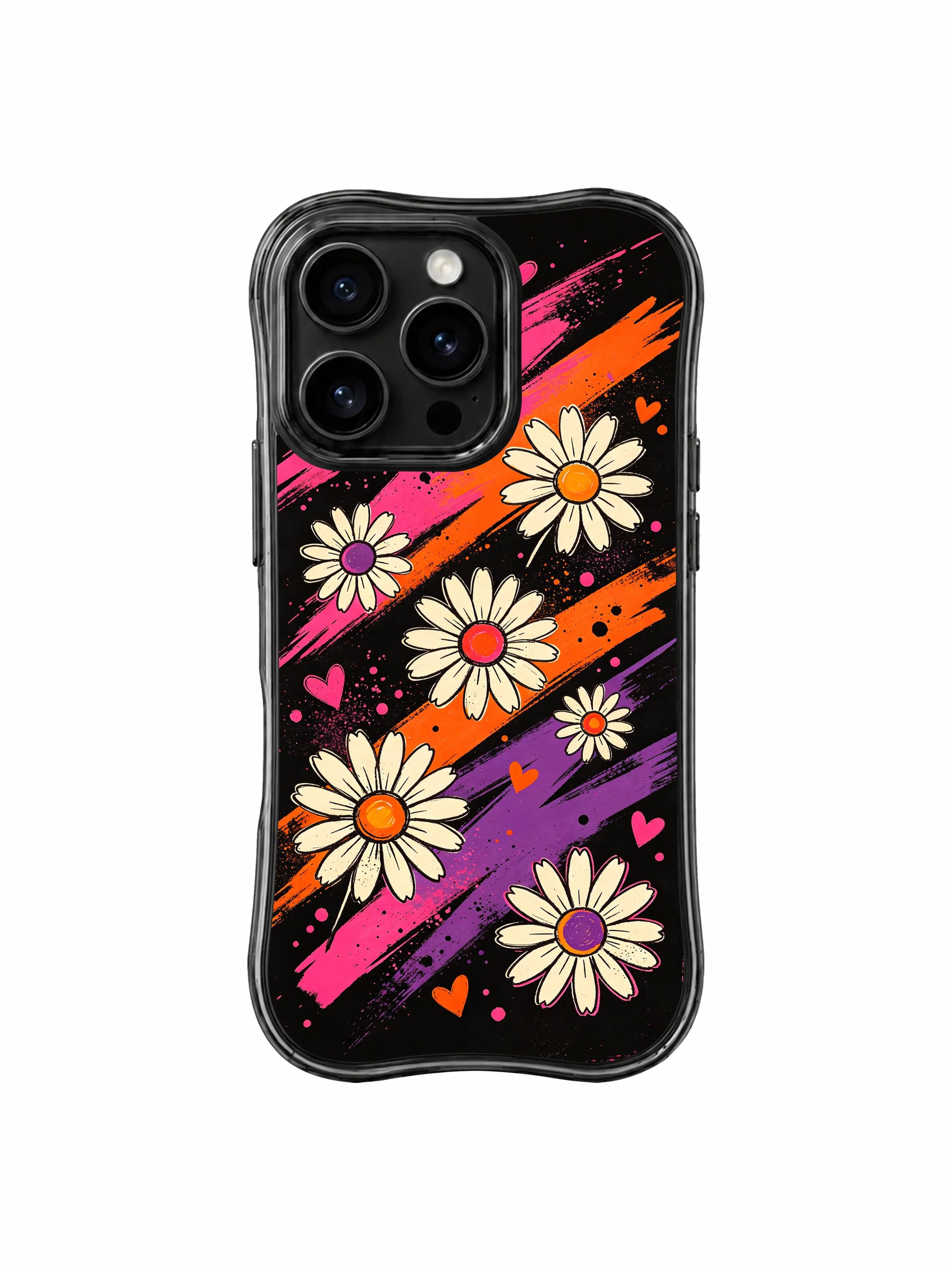 PhoneCasing iPhone 16 pro Case with subtle tiny heart night symbol doodle accents scattered across midnight daisy field, part of Ruby Daze’s Velvet Wave Blossoms Collection, fade-resistant wavy art casing.