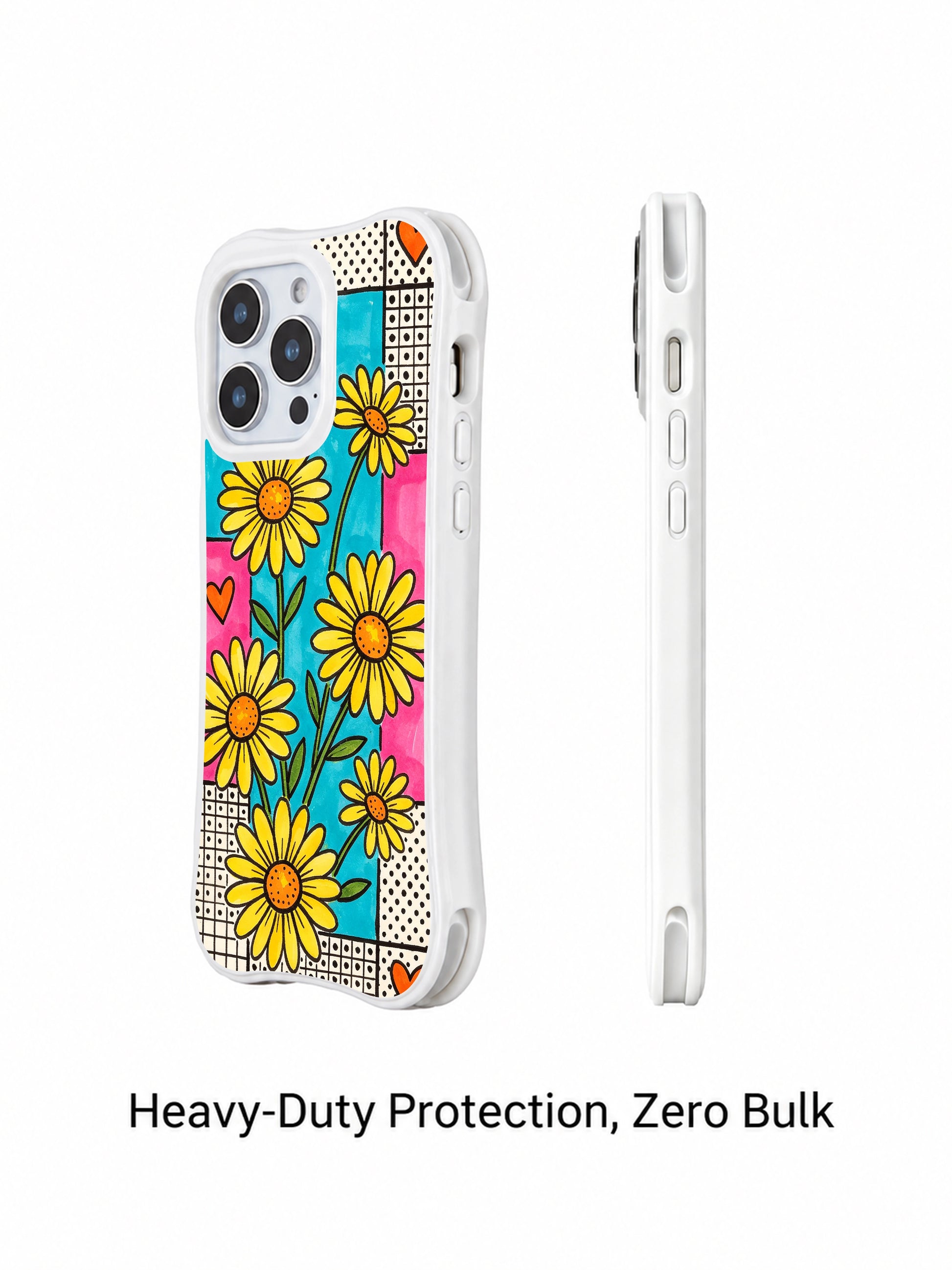PhoneCasing iPhone 16 pro Case with tiny simple orange heart doodle accents scattered across patchwork grid daisy field, part of Ruby Daze’s Lemon Pop Daisy Grid Collection, fade-resistant wavy art casing.