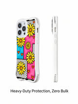 PhoneCasing iPhone 16 pro Case with tiny simple orange heart doodle accents scattered across patchwork grid daisy field, part of Ruby Daze’s Lemon Pop Daisy Grid Collection, UV-printed wavy art casing.