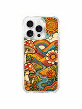 Small fungi inside blossoms along a hillside artwork on an iPhone 16 Pro Max case